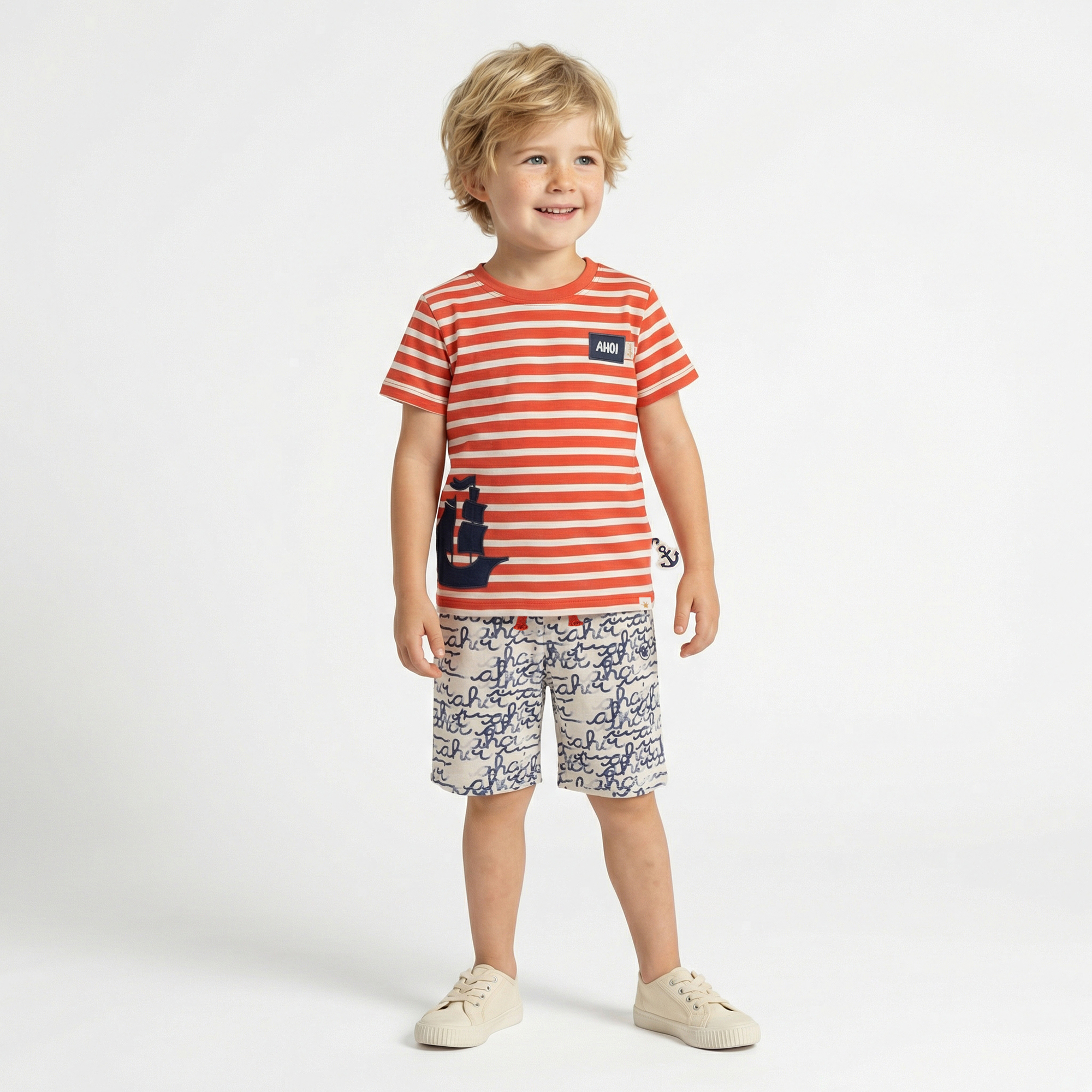 Kinder Bermuda "Ahoi" Print, weiß mit blau