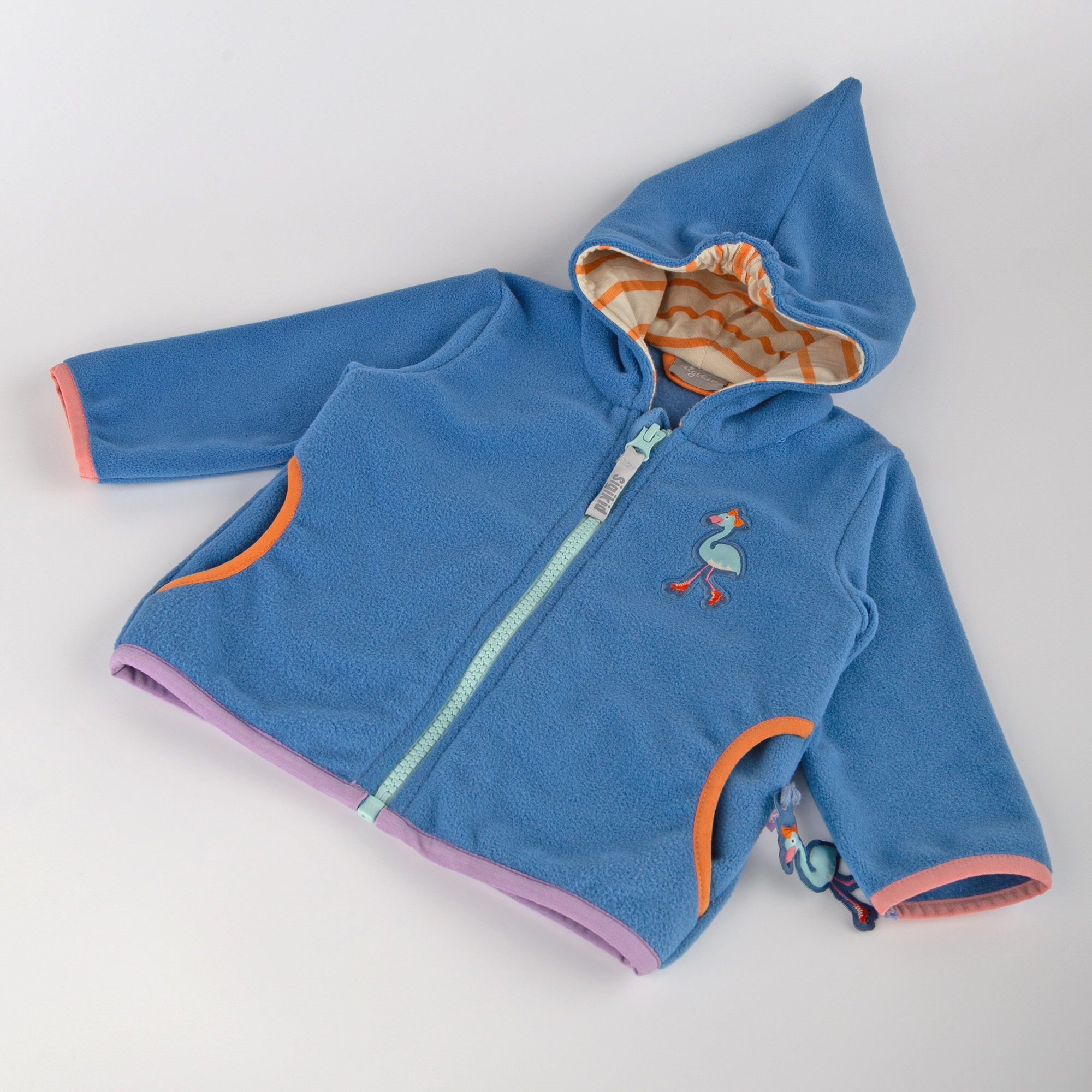 Pixie hood baby fleece jacket flamingo, azure blue