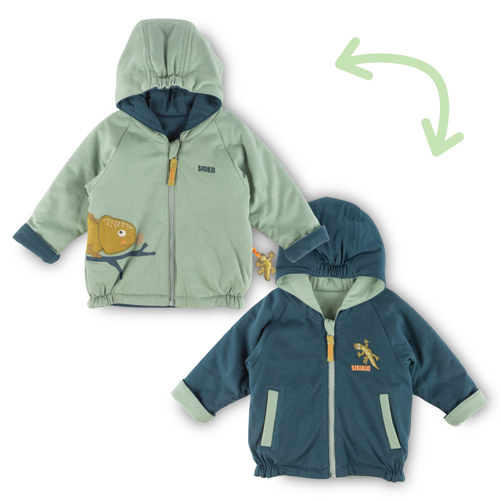 Reversible baby jacket gecko & chameleon, Jungle