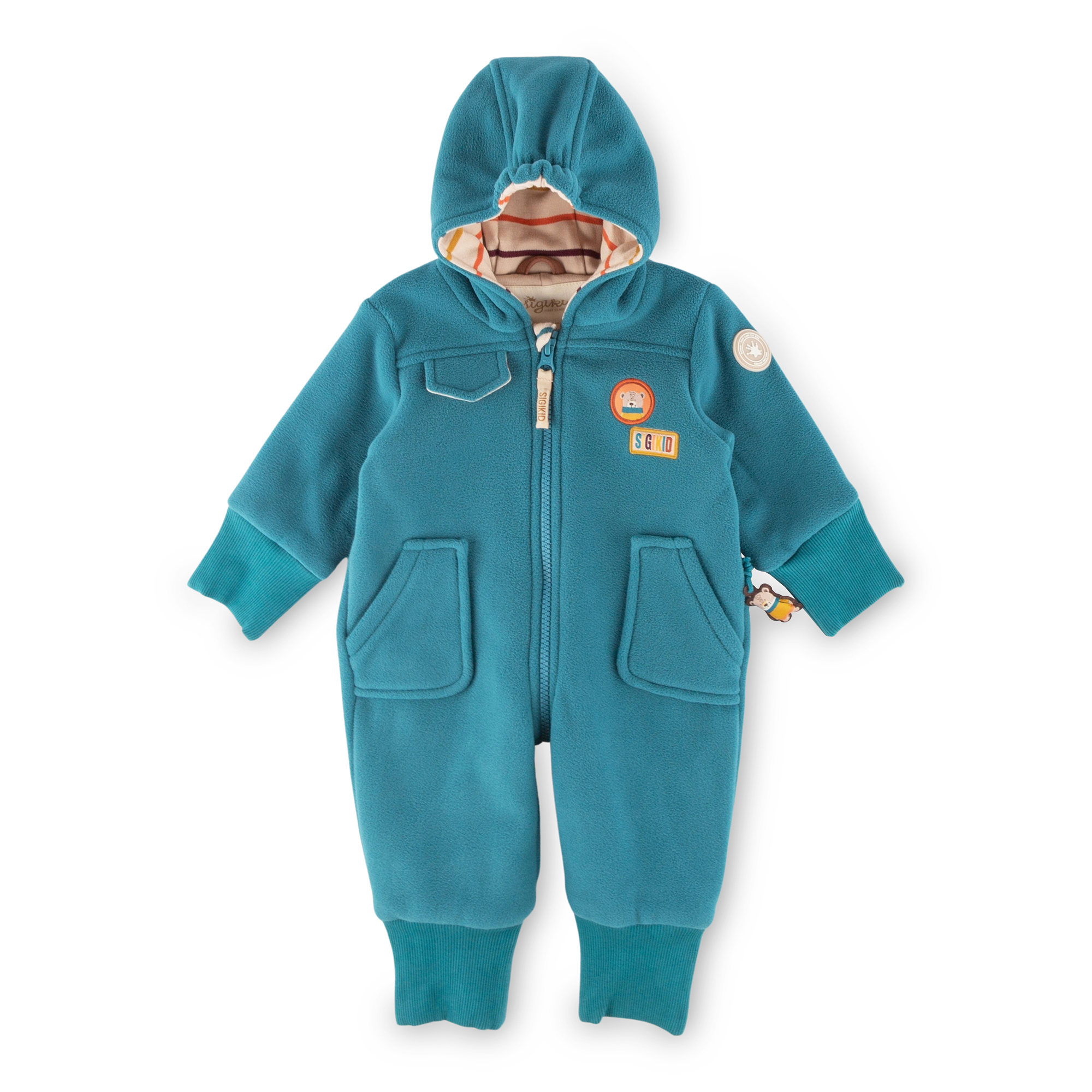 Hooded baby fleece overall, lined, Winter Animals