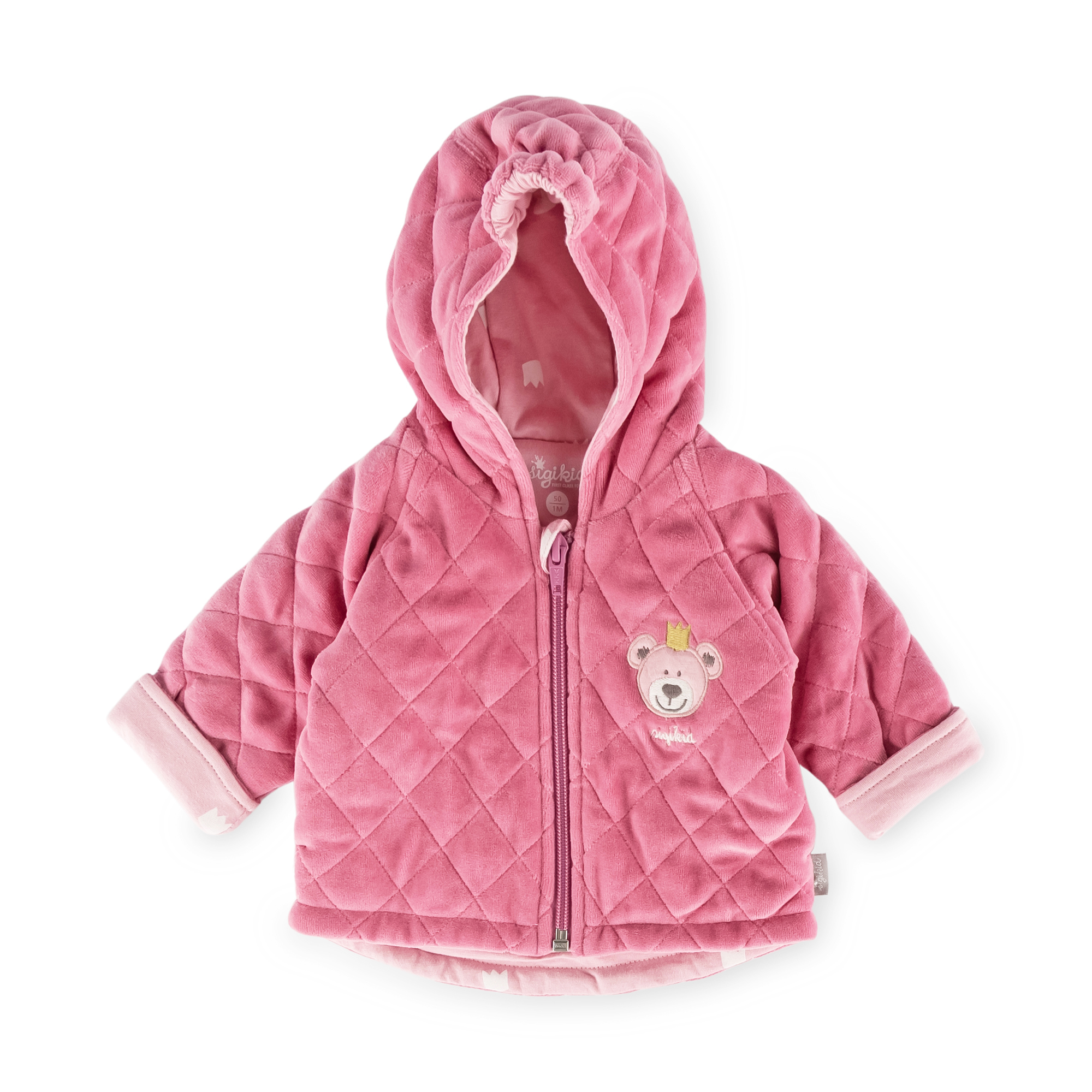 Newborn baby hooded velour jacket bear prince, pink, quilted