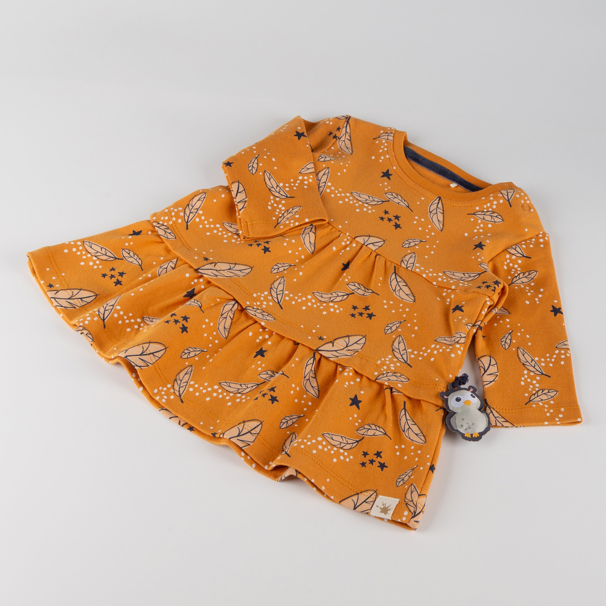 Tiered baby dress Magic Owl, feather print