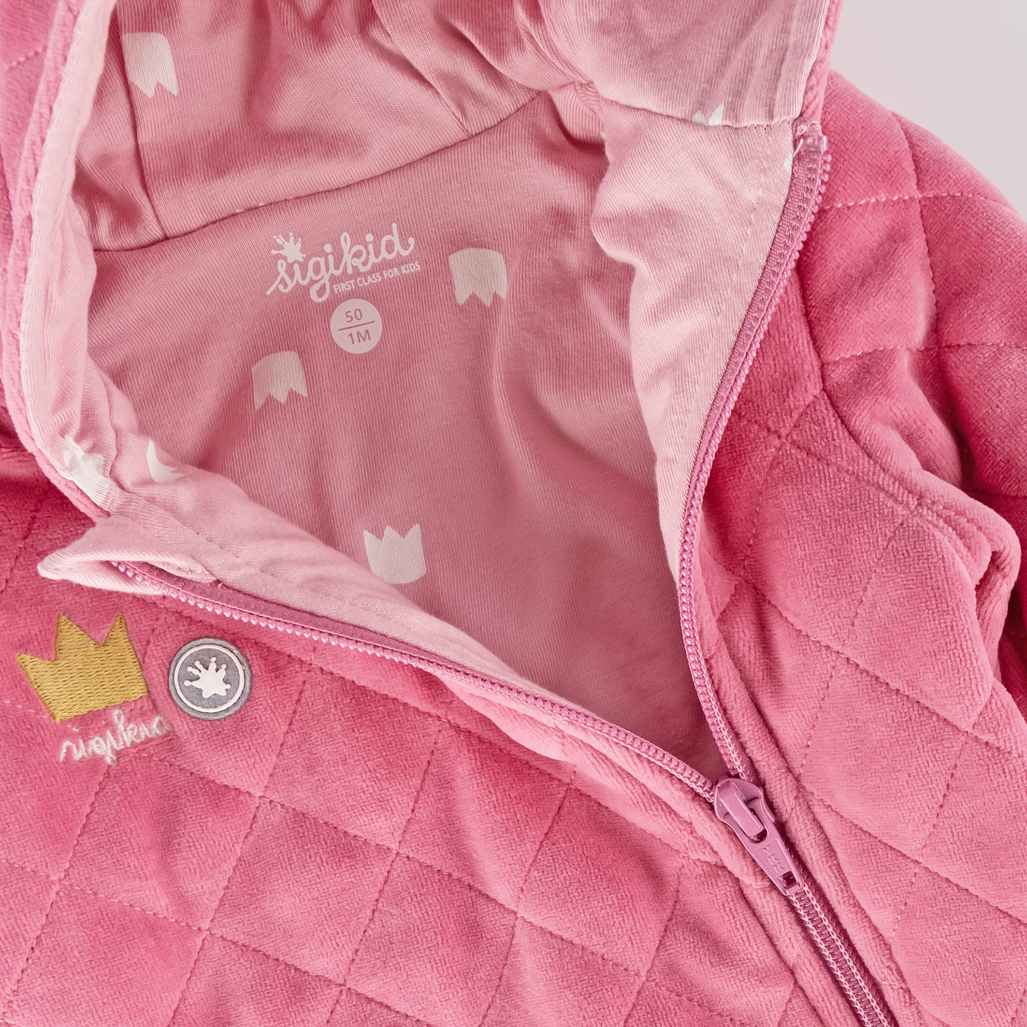 Quilted newborn baby velour overall pink, lined, foldable cuffs