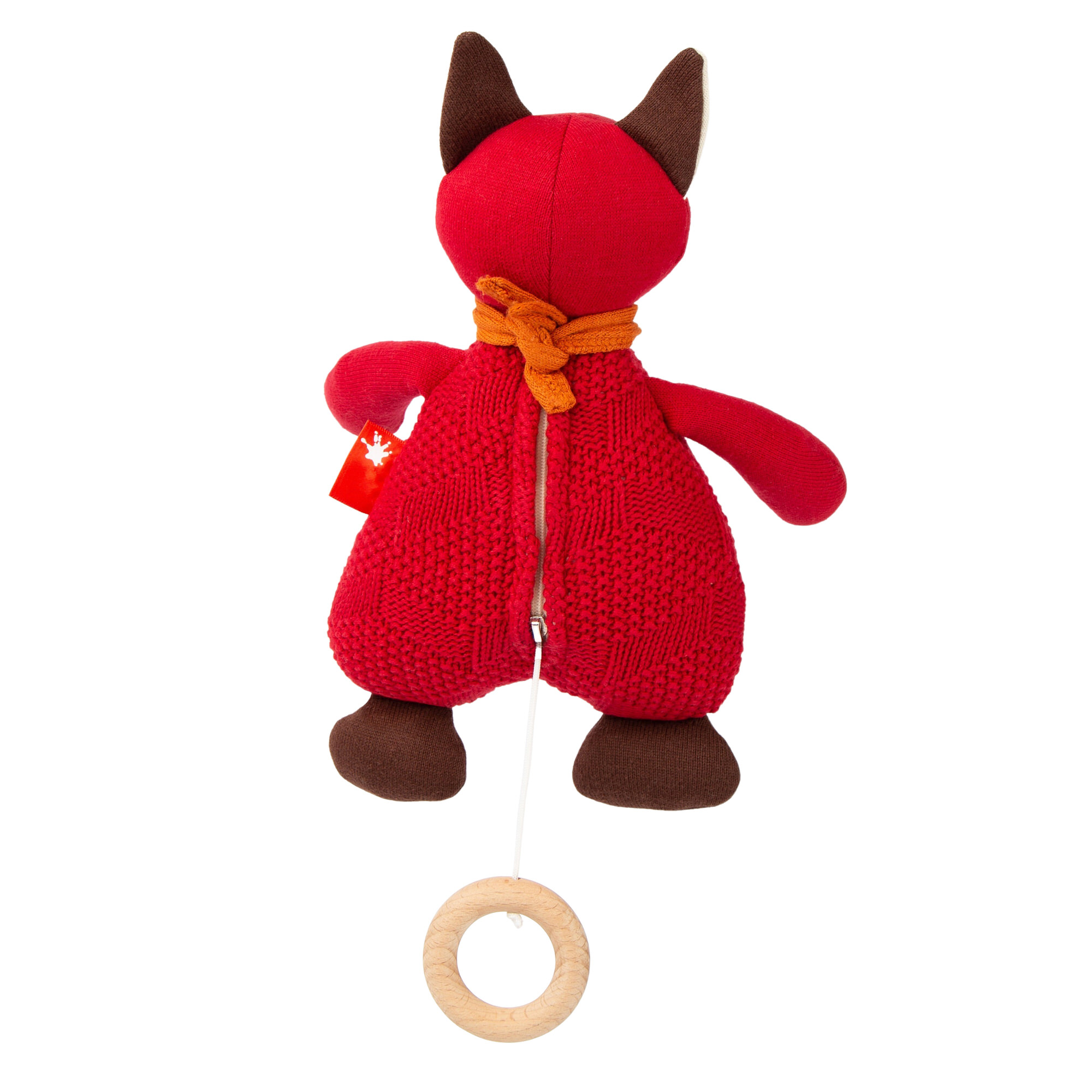 Baby musical soft toy fox, dark red, Knitted Love