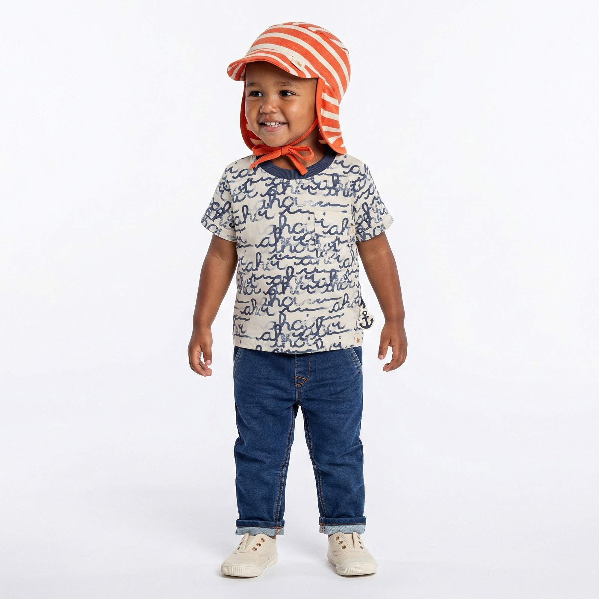 Baby T-Shirt mit "Ahoi" Print, weiß mit blau