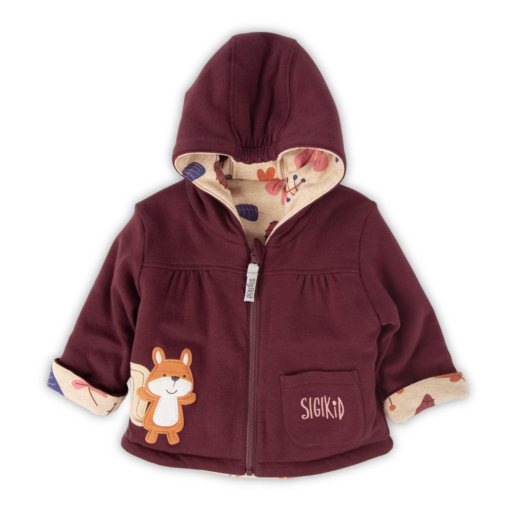 Reversible baby jacket squirrel, burgundy red