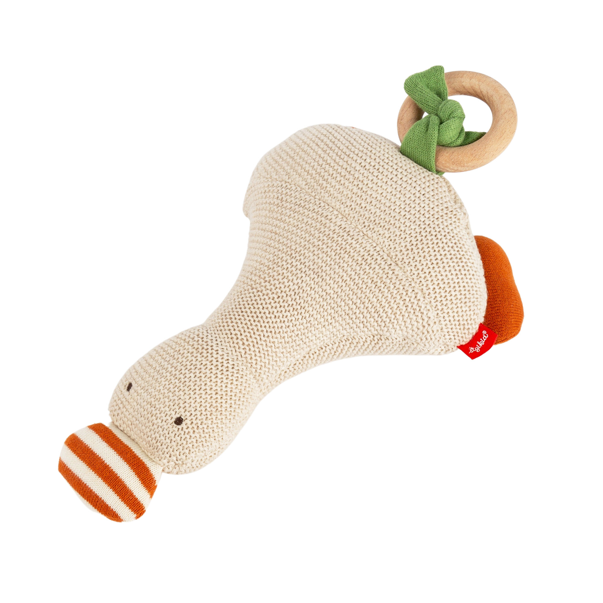 Baby grasp toy rattle goose, wooden ring, Knitted Love