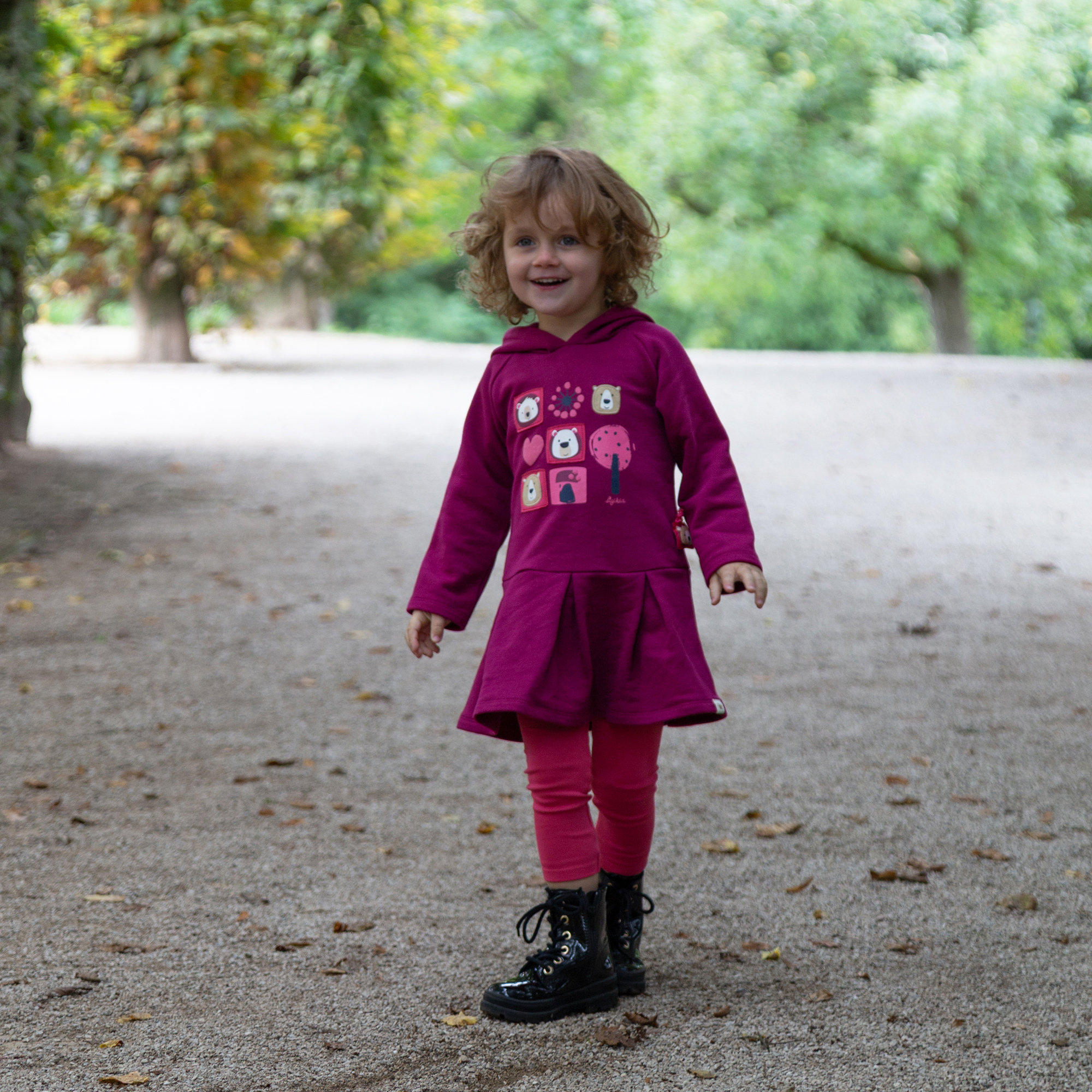 Kinder Kapuzen Sweatkleid Bär Fancy Forest, dunkelpink