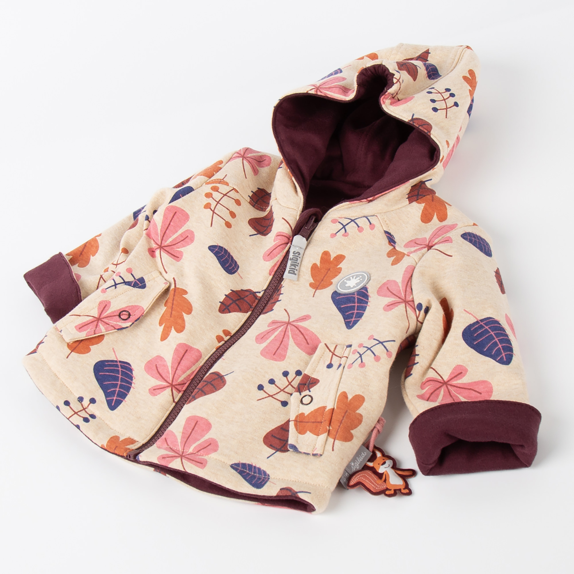 Reversible baby jacket squirrel, burgundy red