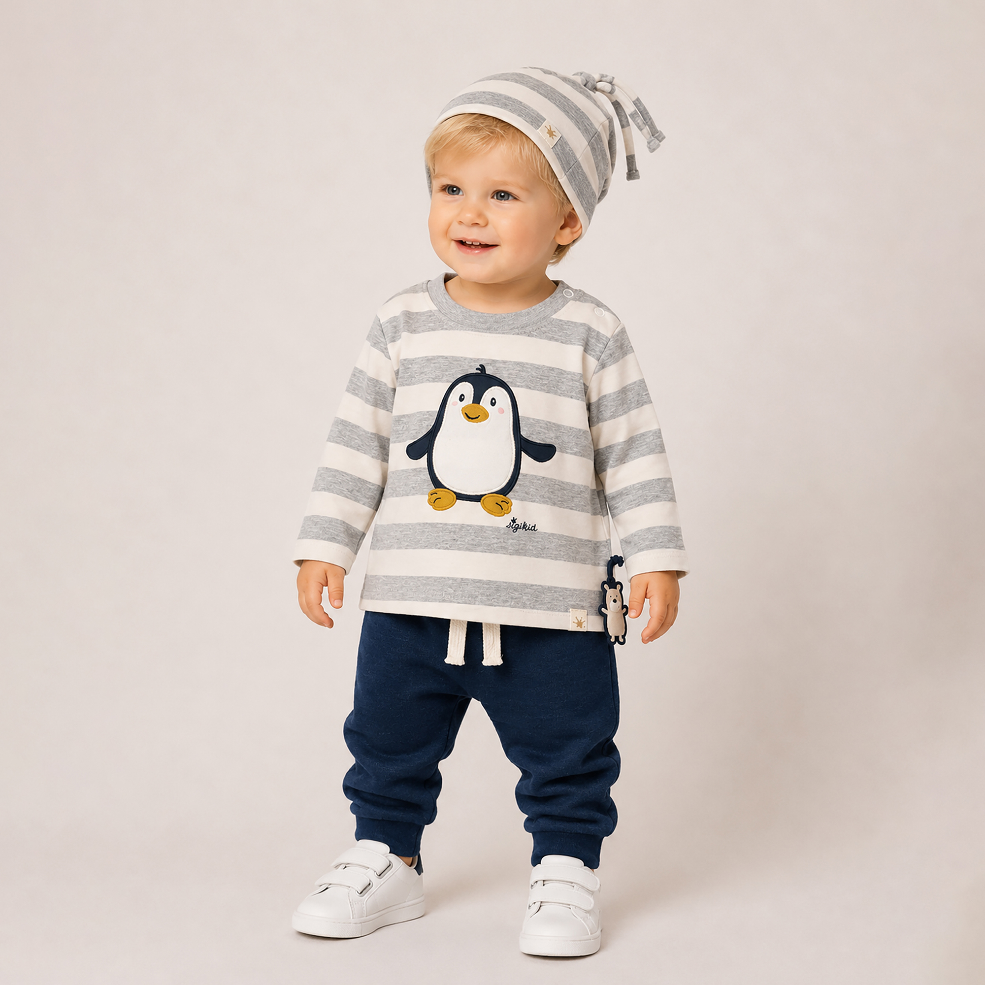 Gestreiftes Baby Langarmshirt Pinguin weiß/hellgrau