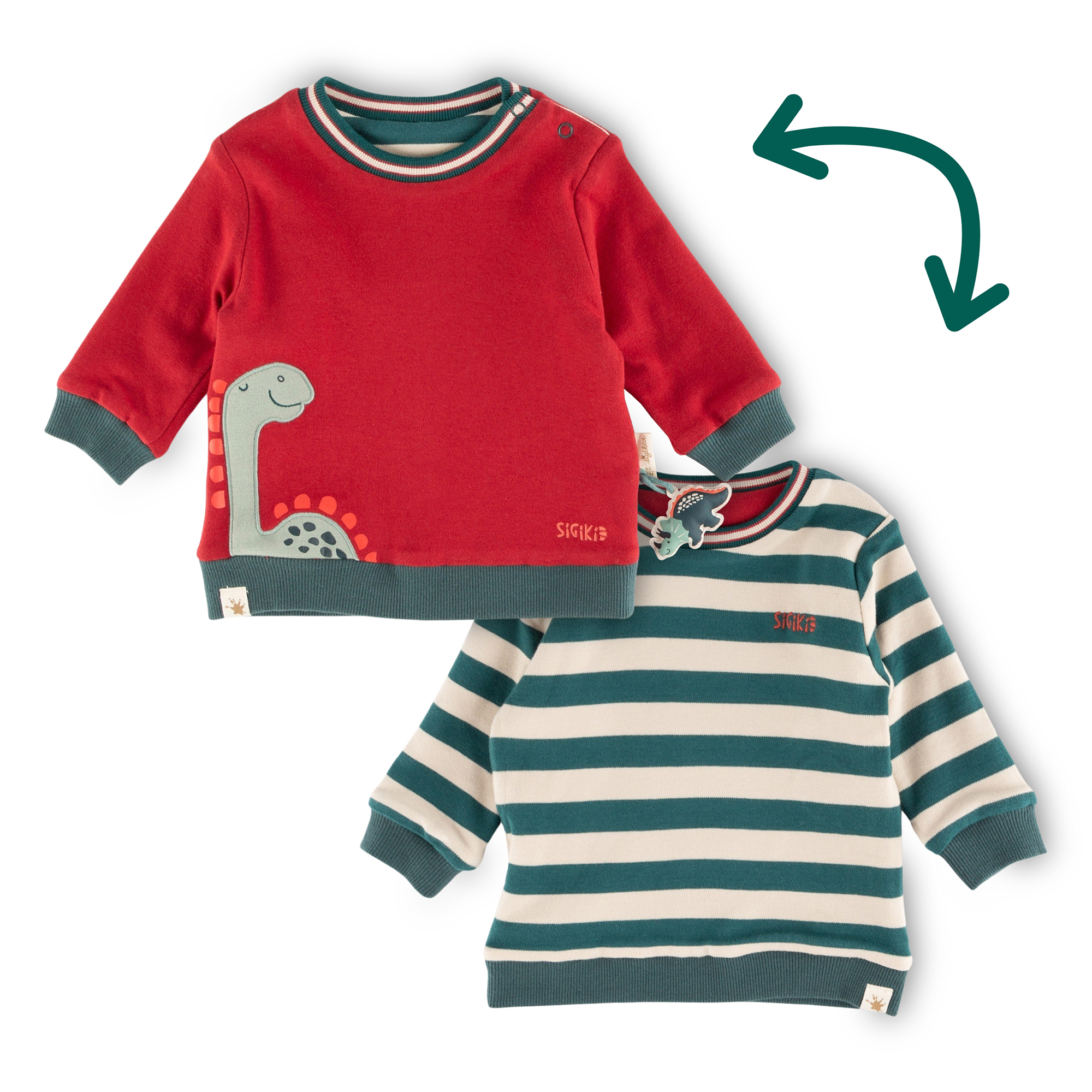 Baby Wendeshirt Dino, rot oder grün-weiß gestreift Baby Wendeshirt Dino, rot oder grün-weiß gestreift