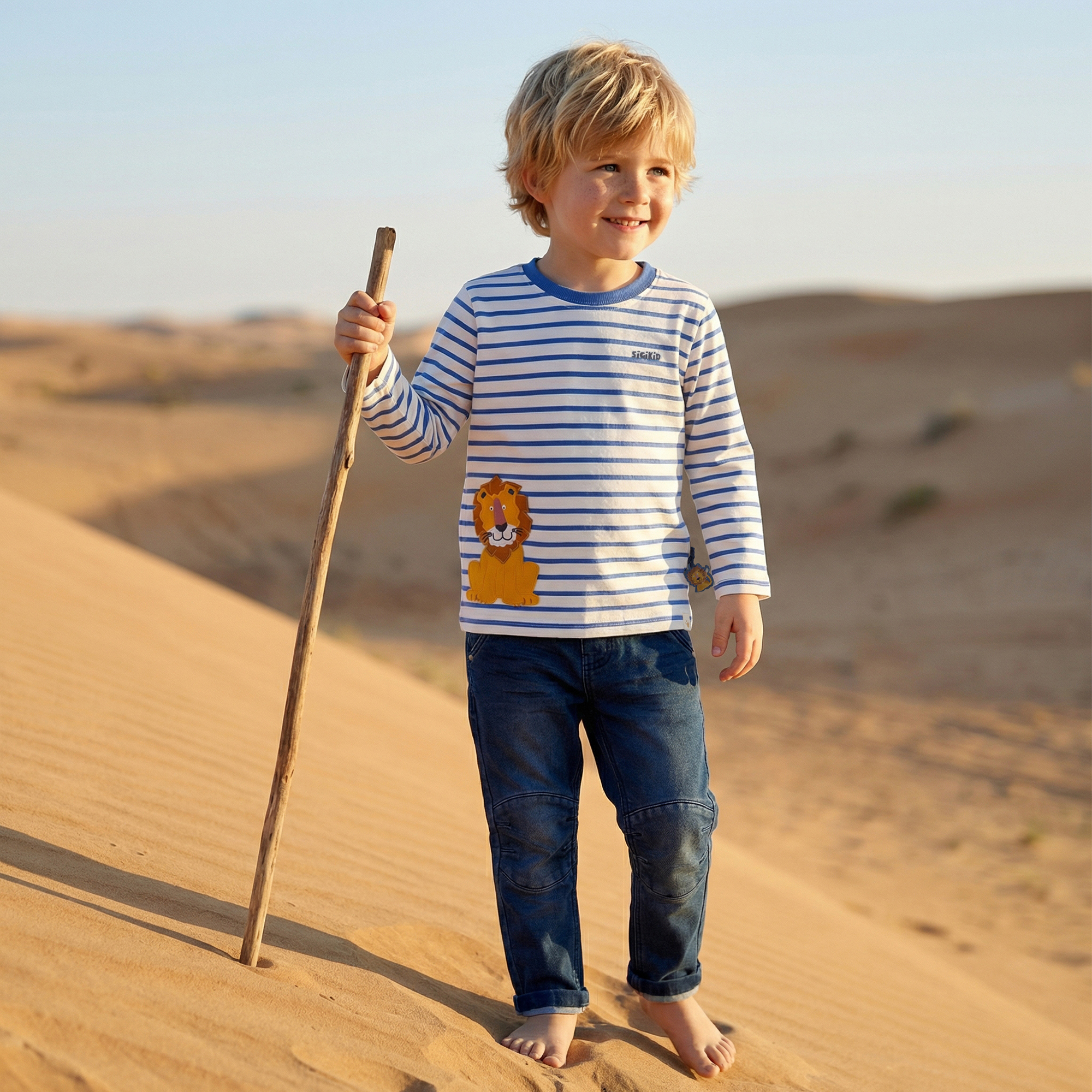 Kinder Ringel Langarmshirt Tiger & Löwe blau/weiß