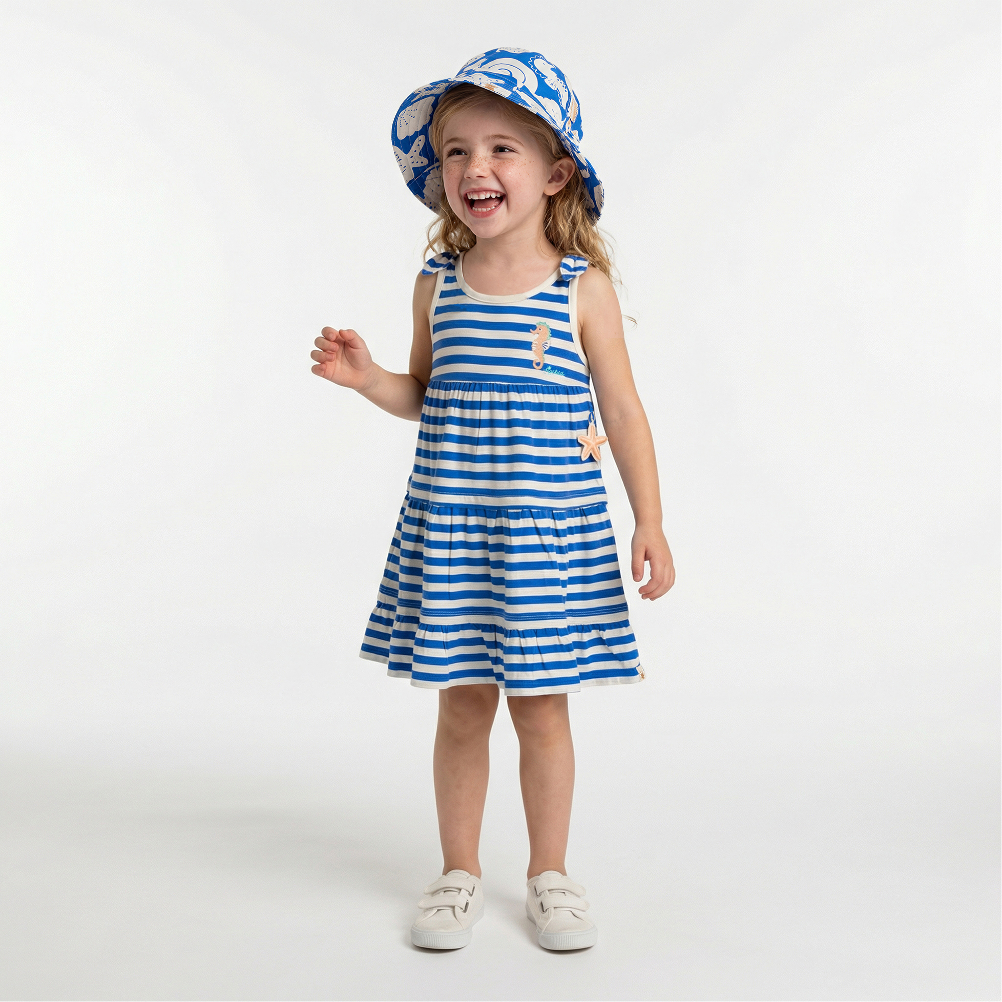 Kinder Ringel Kleid Seepferdchen,blau-weiß