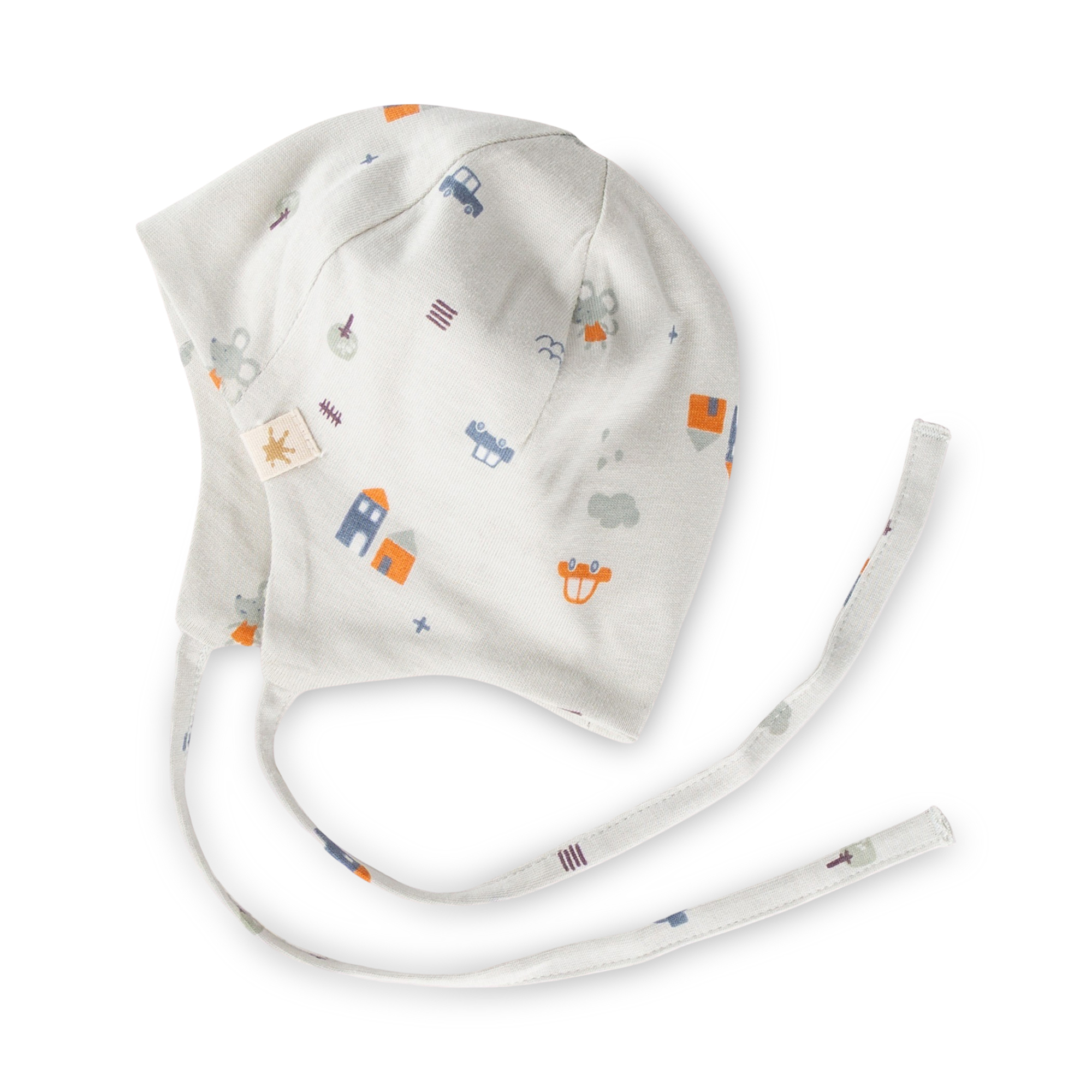Newborn baby hat with ties, tiny print