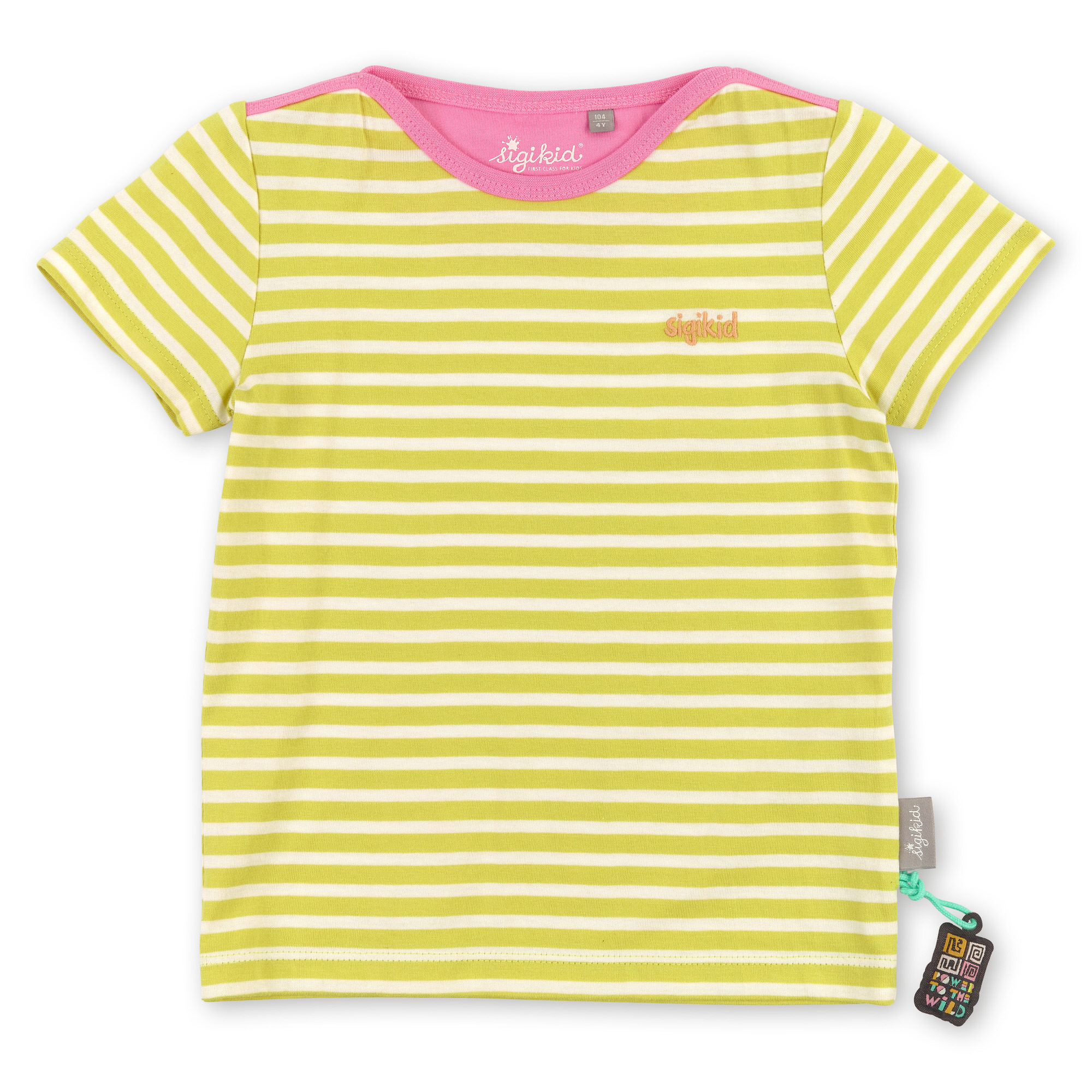 Yellow/white striped girls' T-shirt, pink shoulder trimming