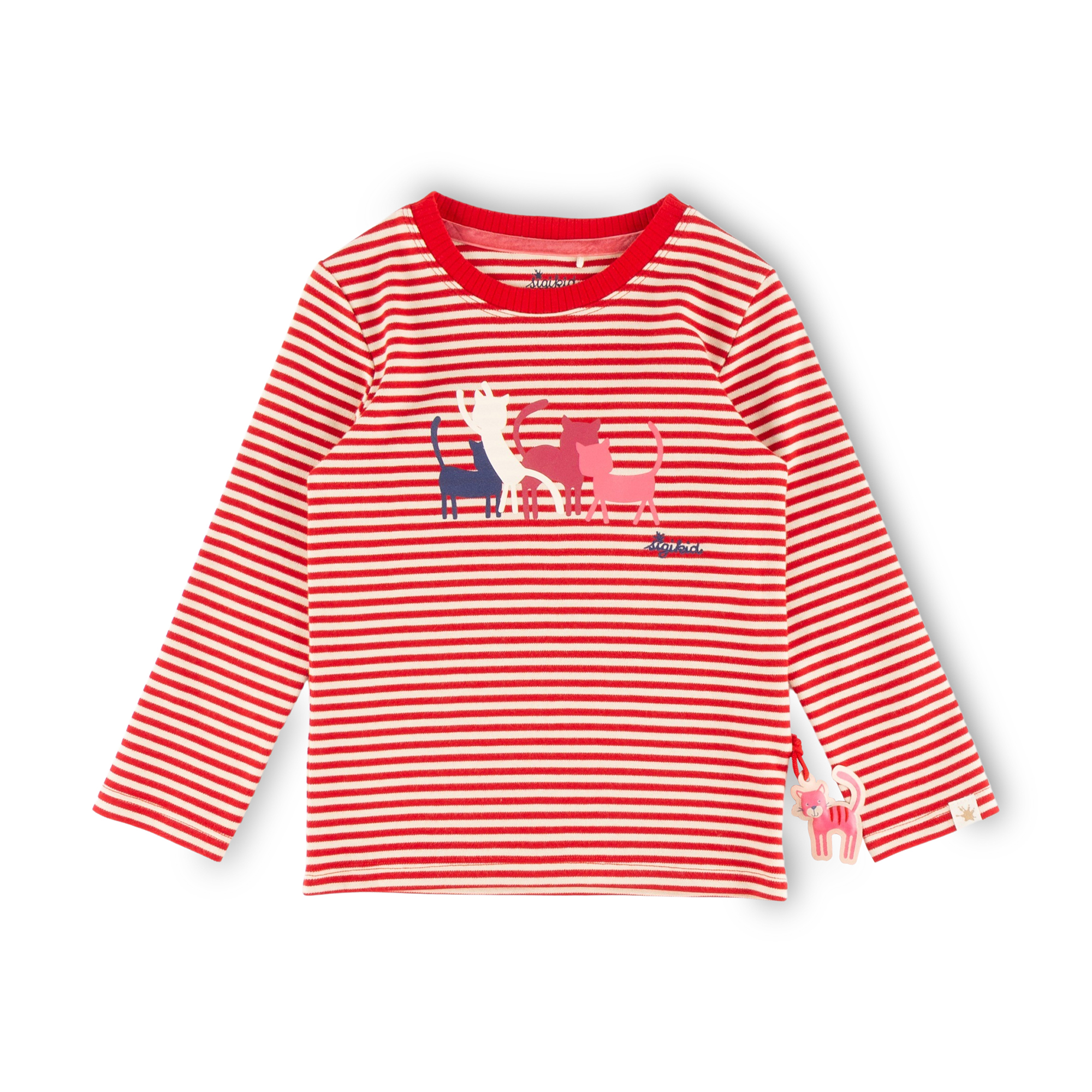 Kinder Langarmshirt Katze, rot-weiß geringelt