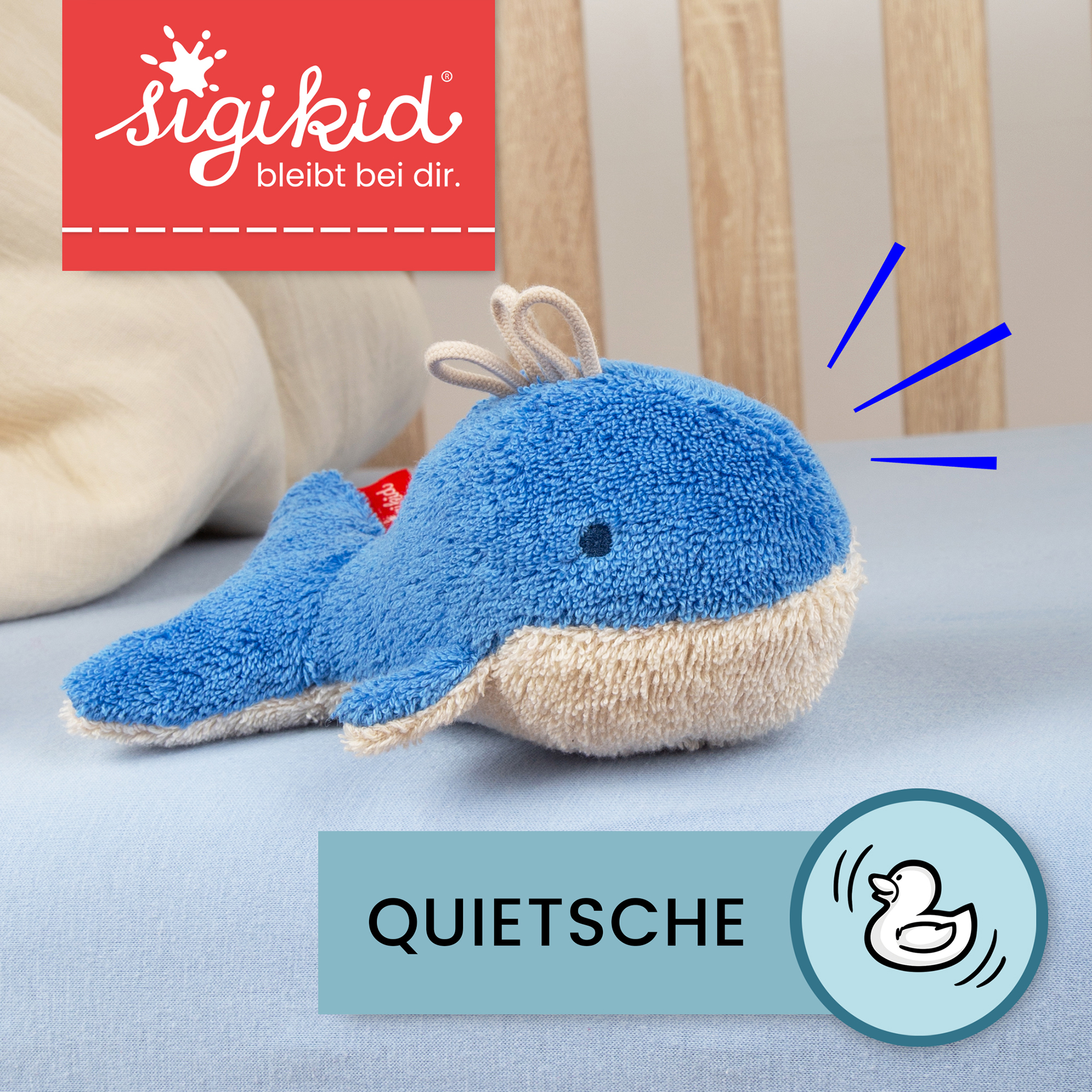 Baby squeaker soft toy whale, terry cotton
