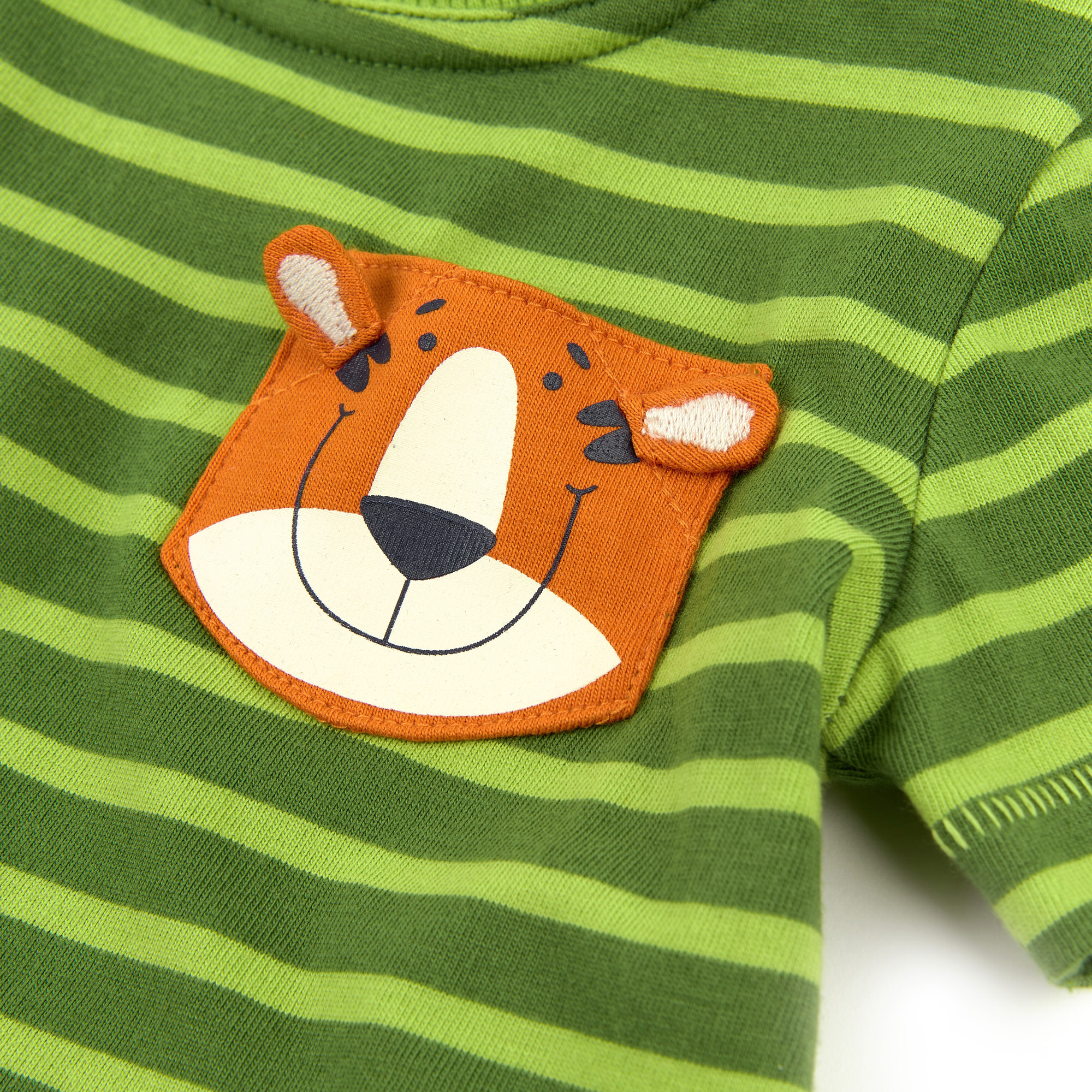 Green striped baby T-shirt with tiger pocket