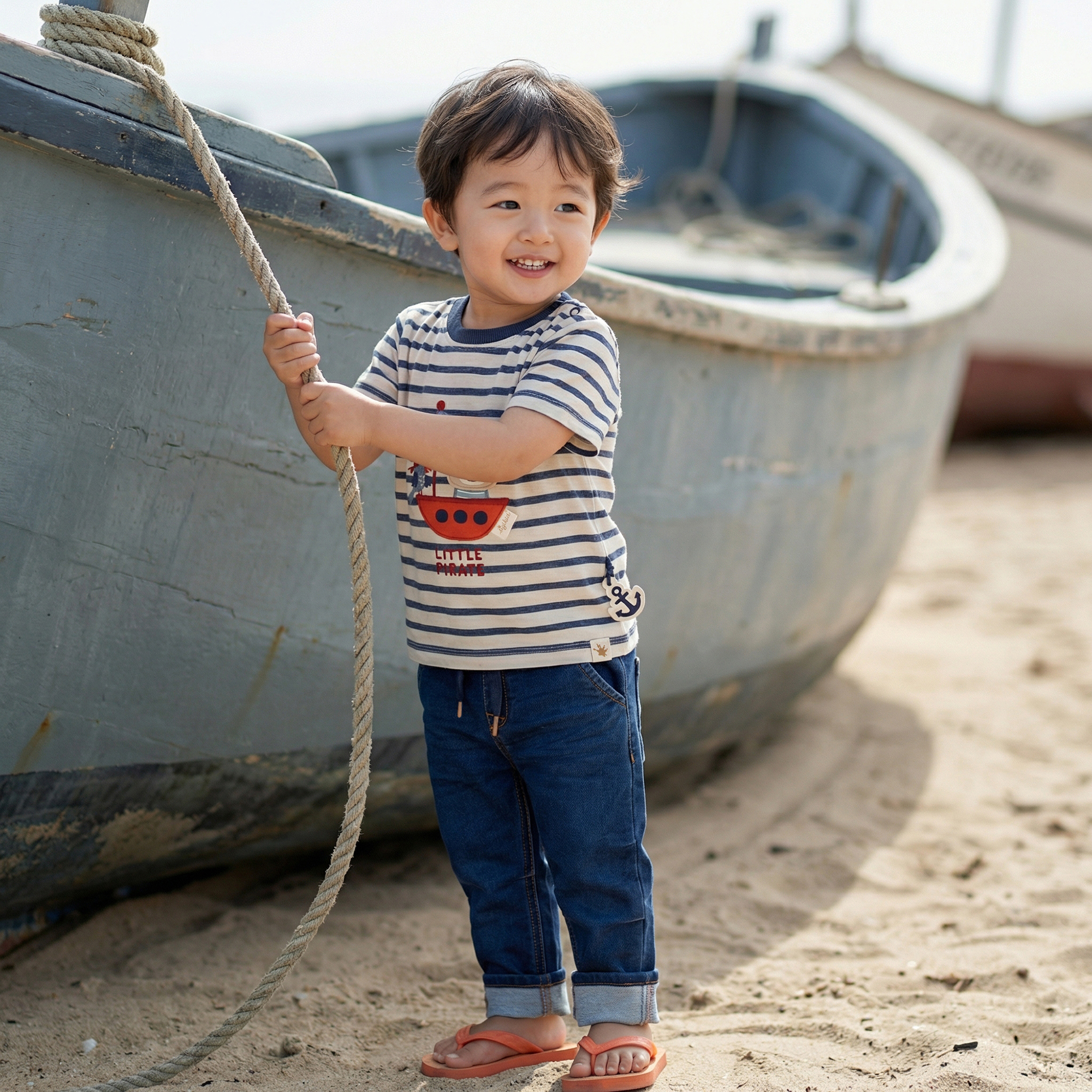 Baby Ringel T-Shirt Bär im Segelboot, blau-weiß