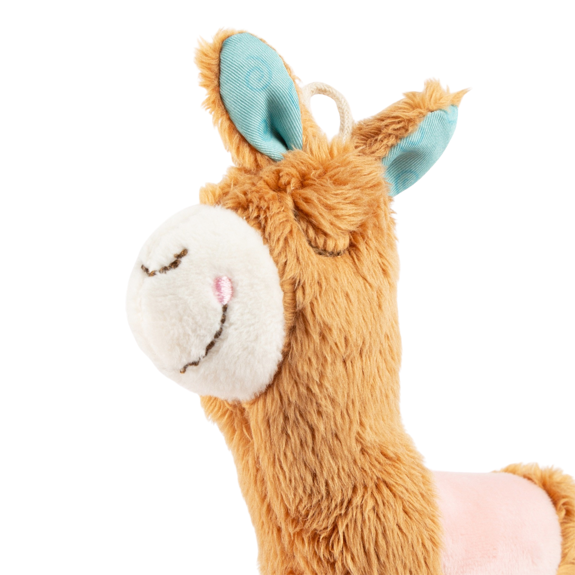 Baby grasping soft toy rattle llama