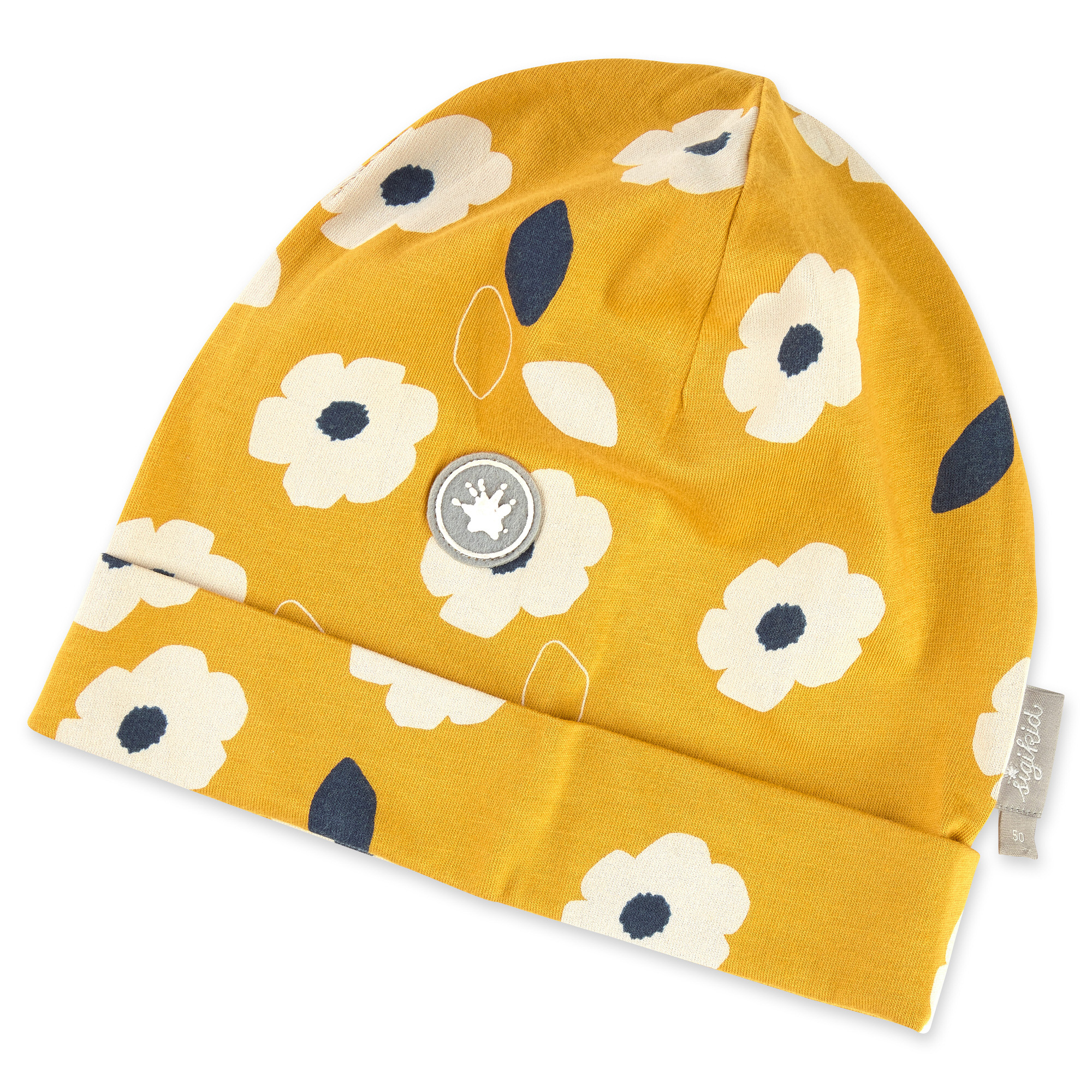 Yellow kids' beanie hat with flower print