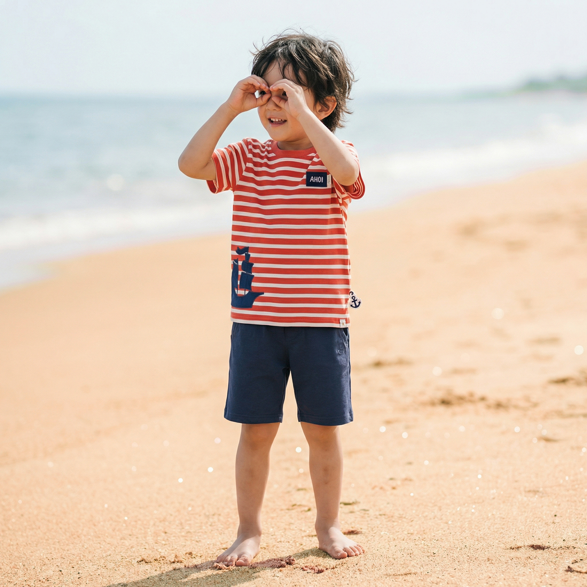 Kinder Ringel T-Shirt Segelschiff, rot-weiß