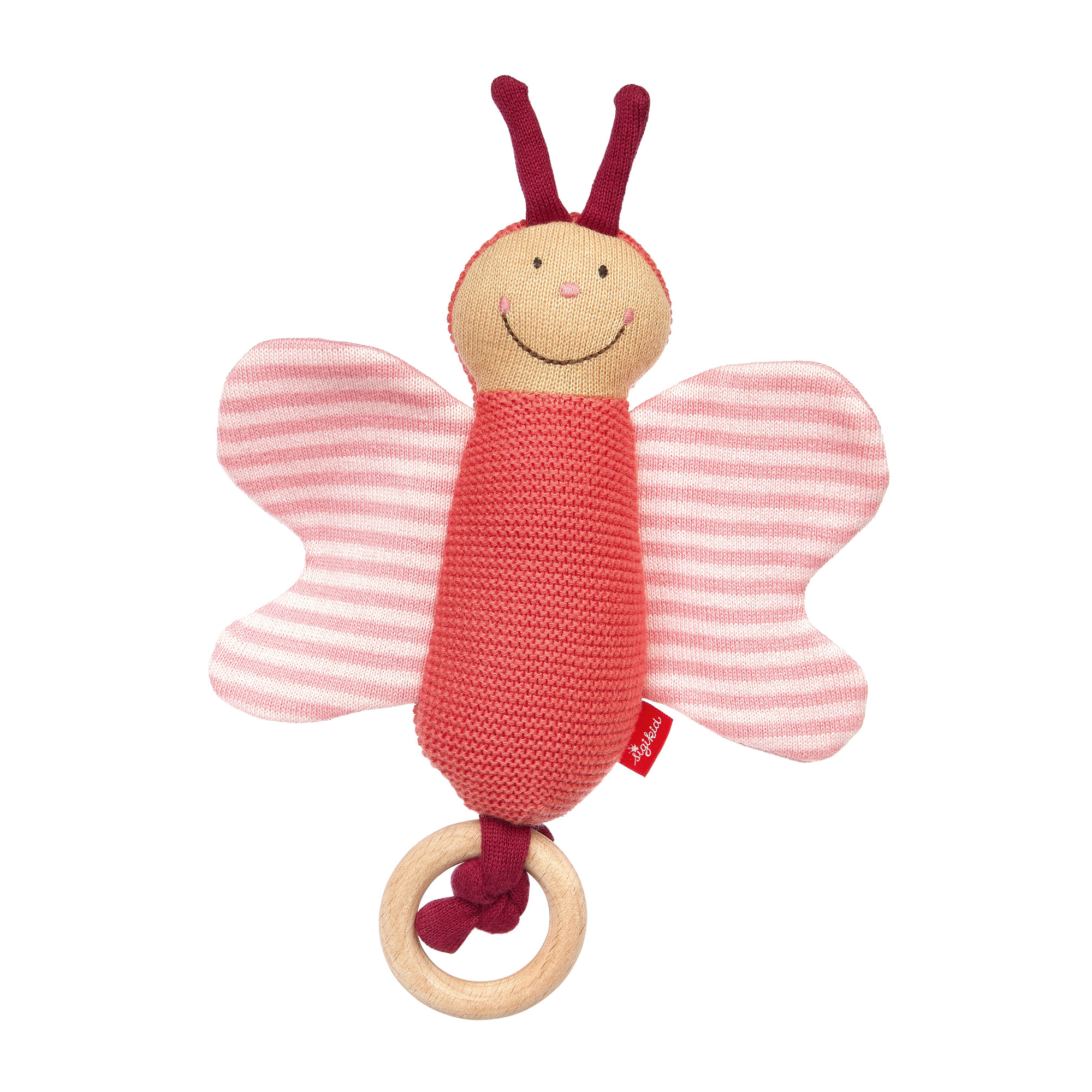 Baby grasp soft toy rattle butterfly, wooden ring, Knitted Love