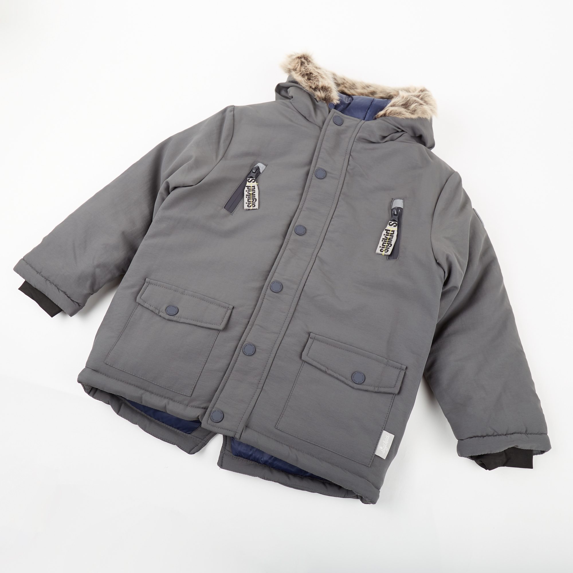 Insulated kids' winter jacket, hooded, dark grey