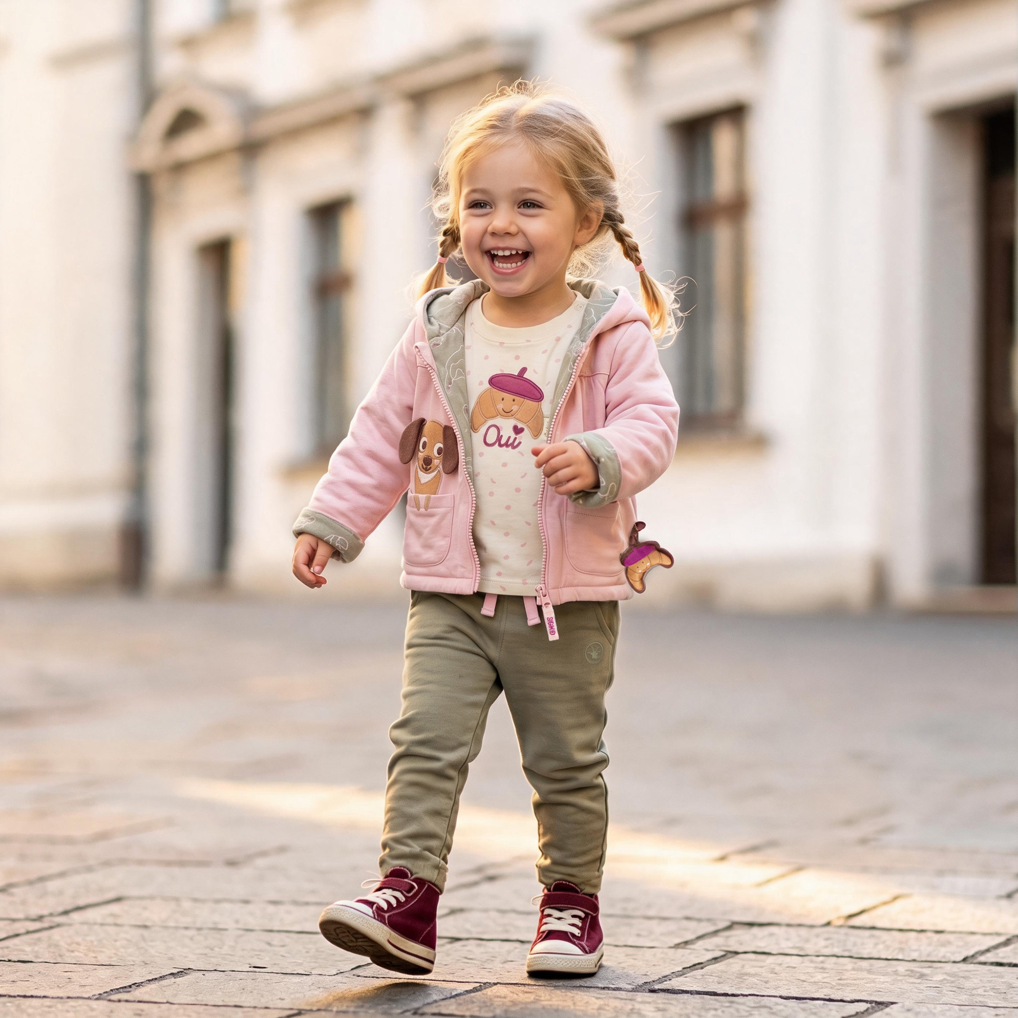 Reversible hooded baby jacket Petit Croissant, interlined