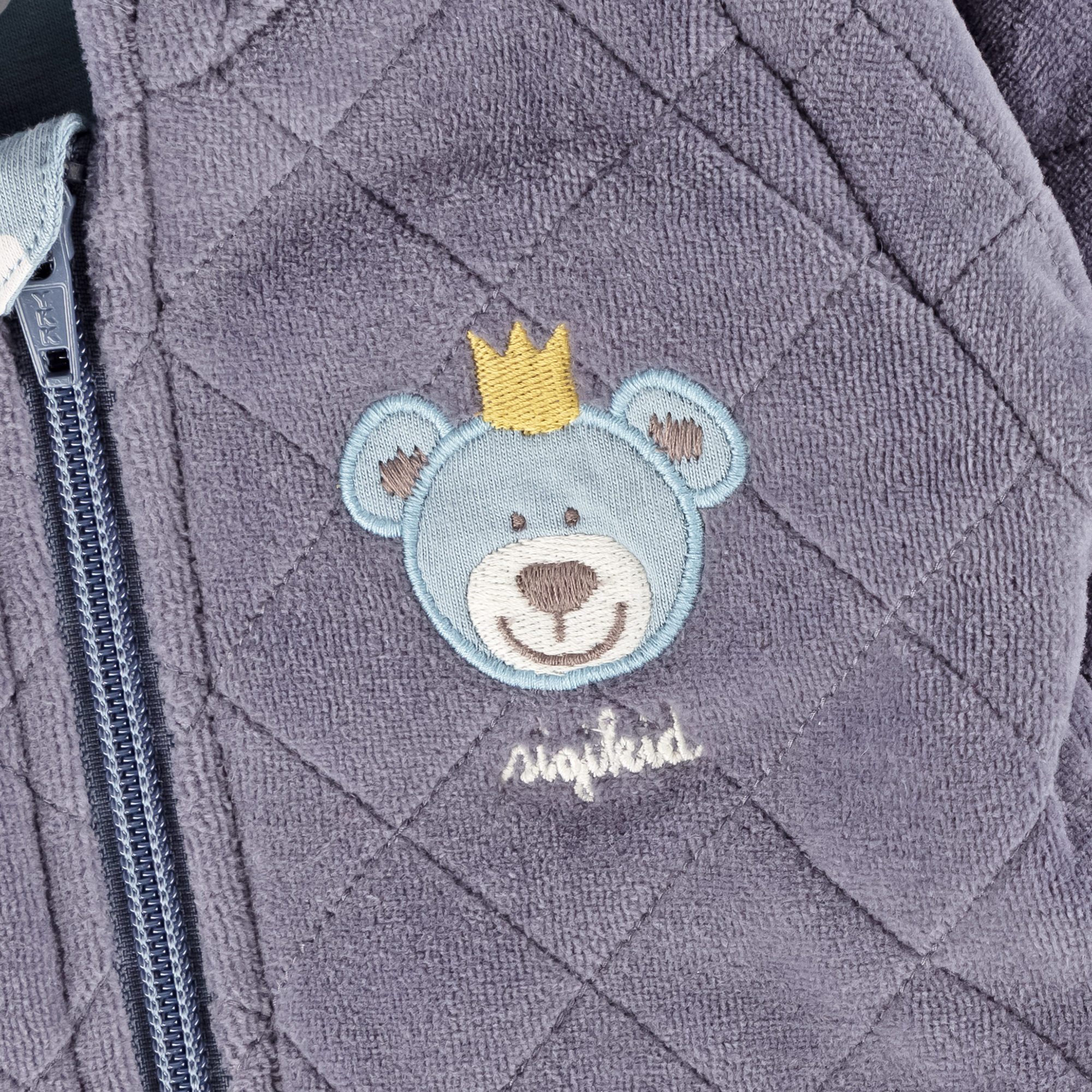 Newborn baby hooded velour jacket bear prince, quilted, dark grey