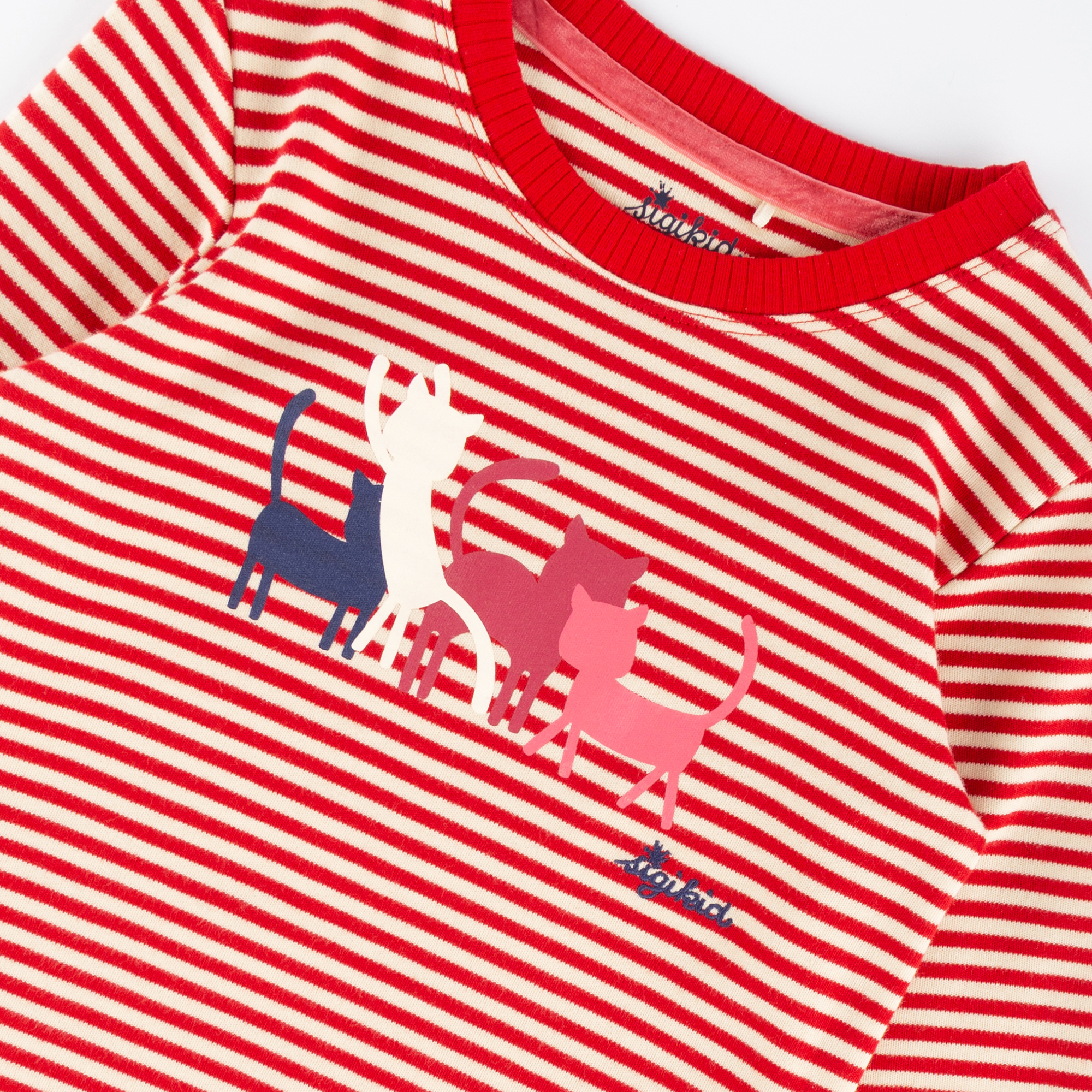 Kinder Langarmshirt Katze, rot-weiß geringelt