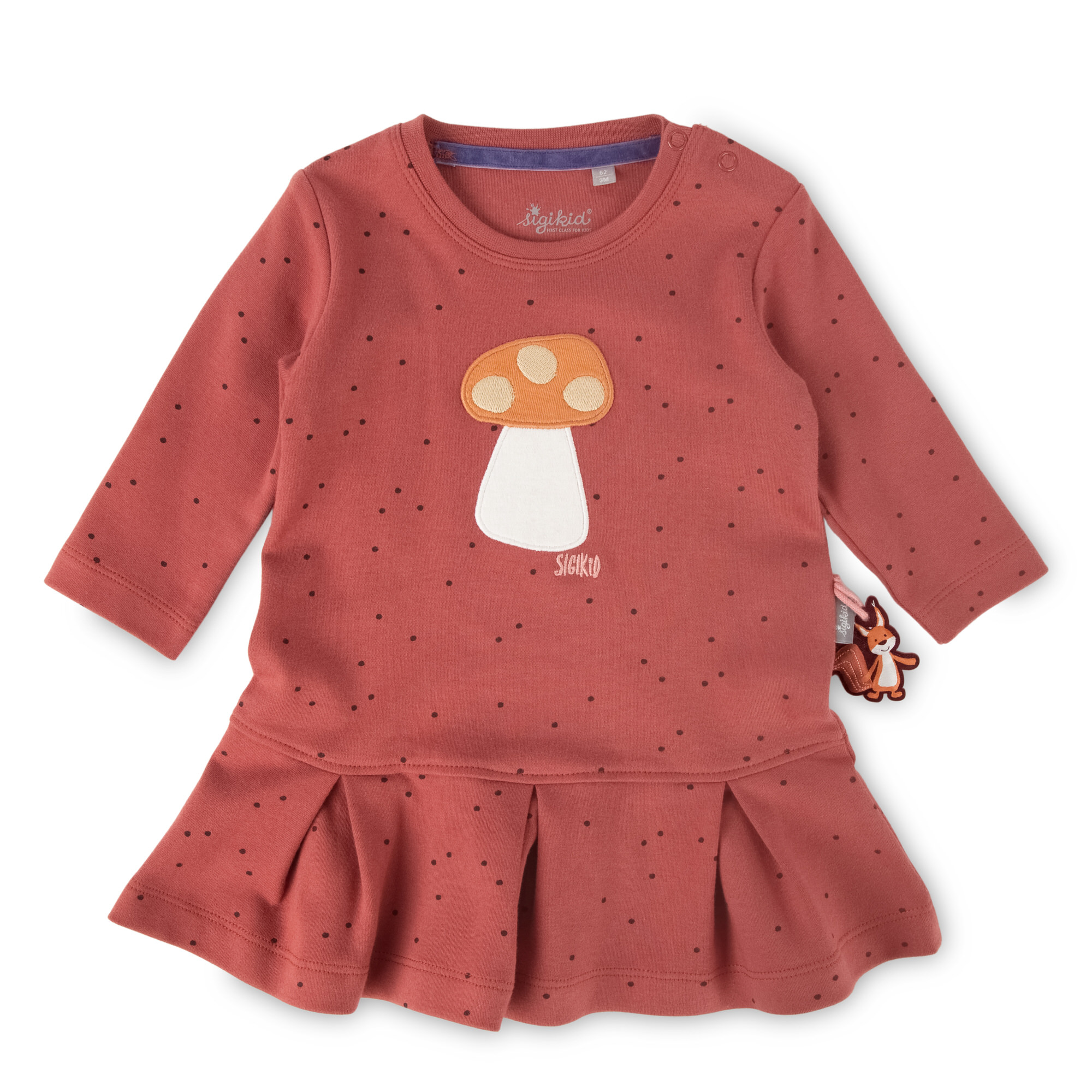 Long sleeve baby dress with pleated skirt, copper brown