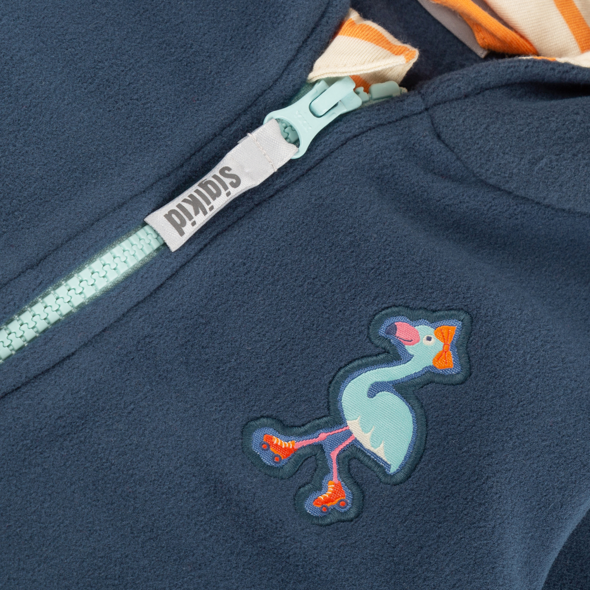 Pixie hood baby fleece jacket flamingo, dark blue