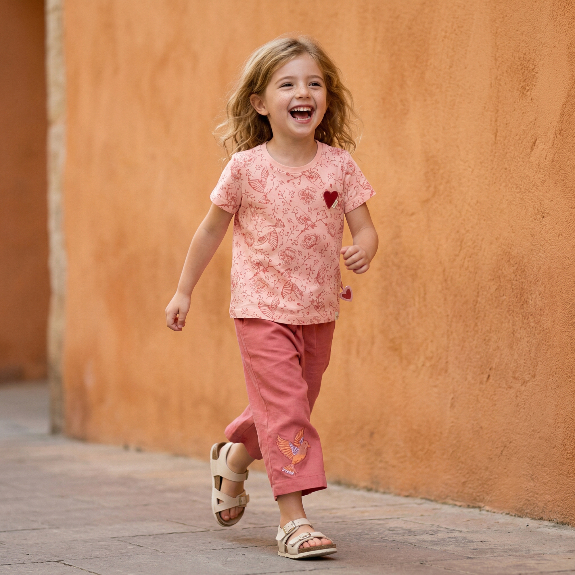 Kinder T-Shirt mit Vogelprint und Herzchen, rosa