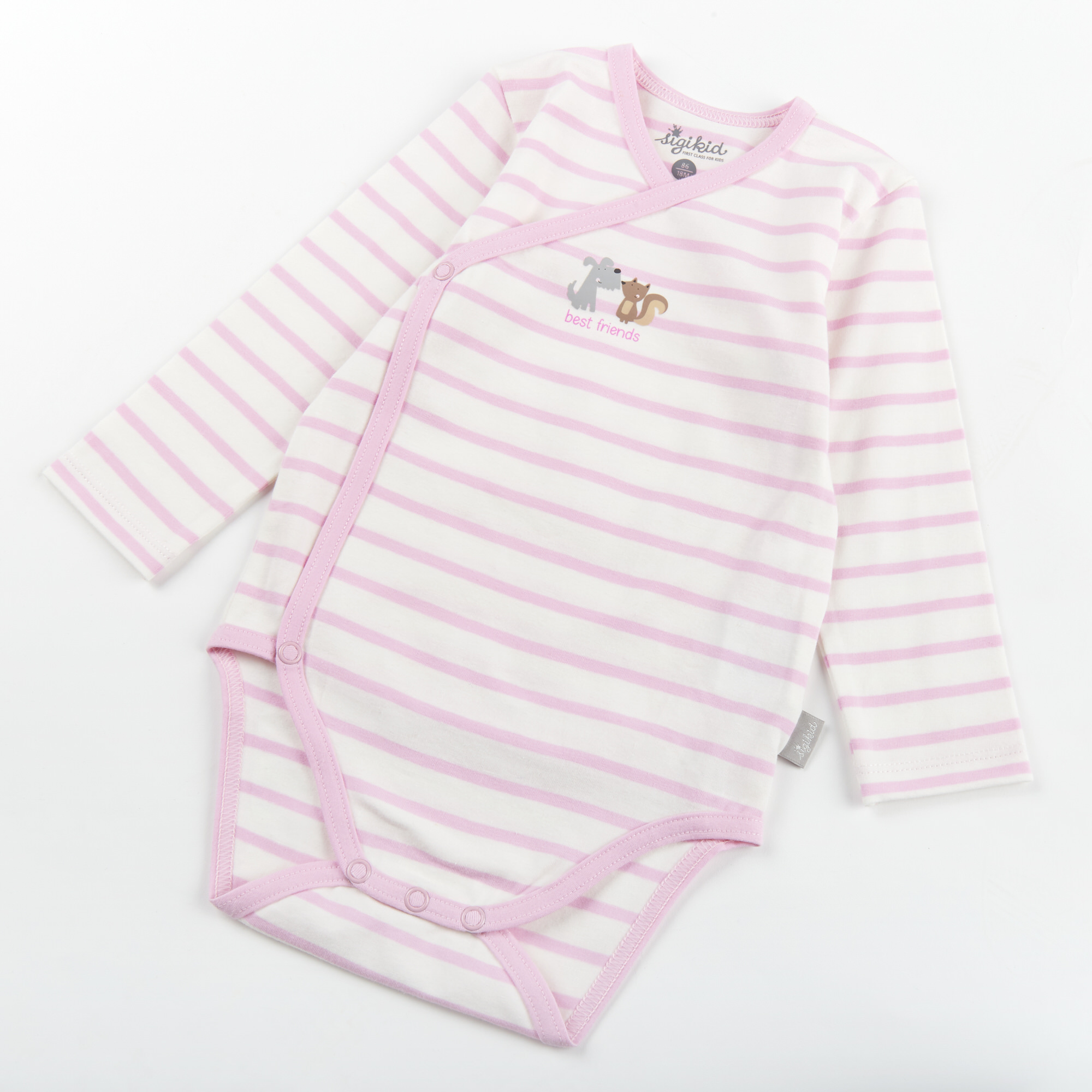 Langarm Baby Body Hund und Eichhörnchen, rosa geringelt Langarm Baby Body Hund und Eichhörnchen, rosa geringelt