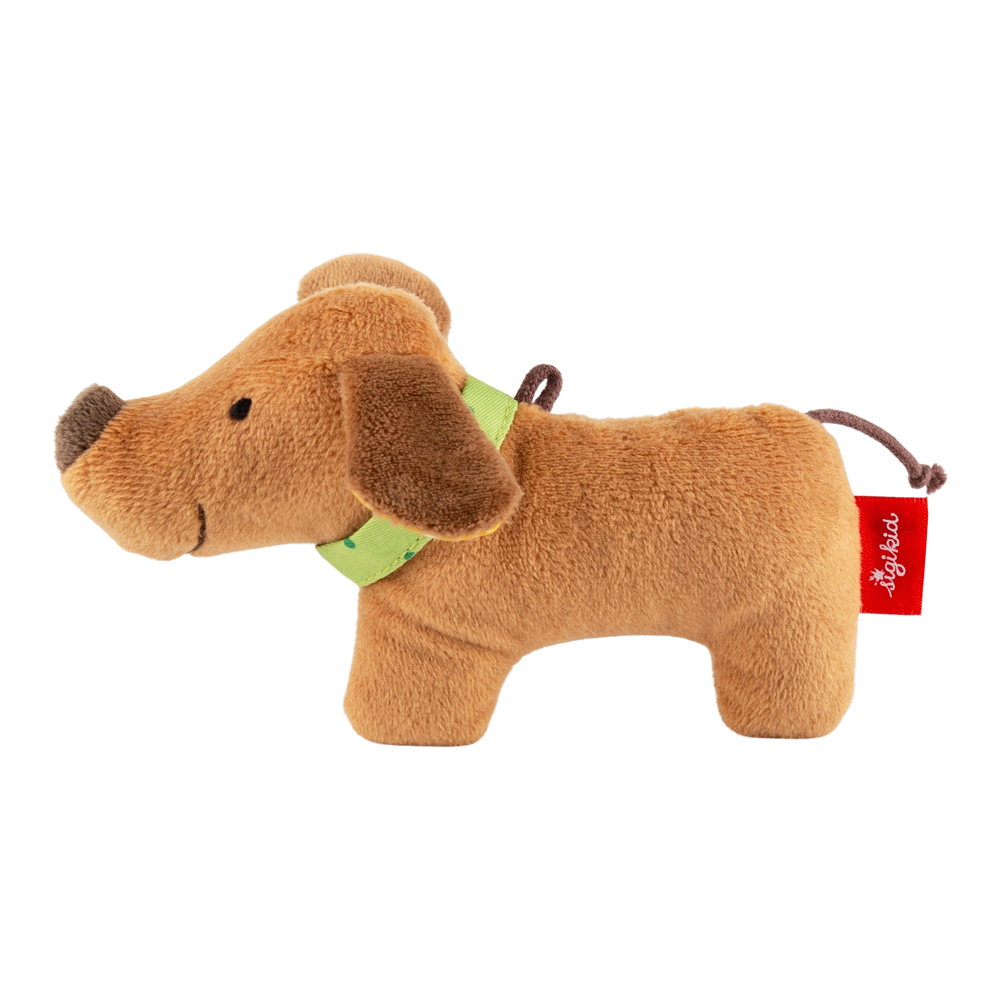 Baby grasping soft toy rattle dog