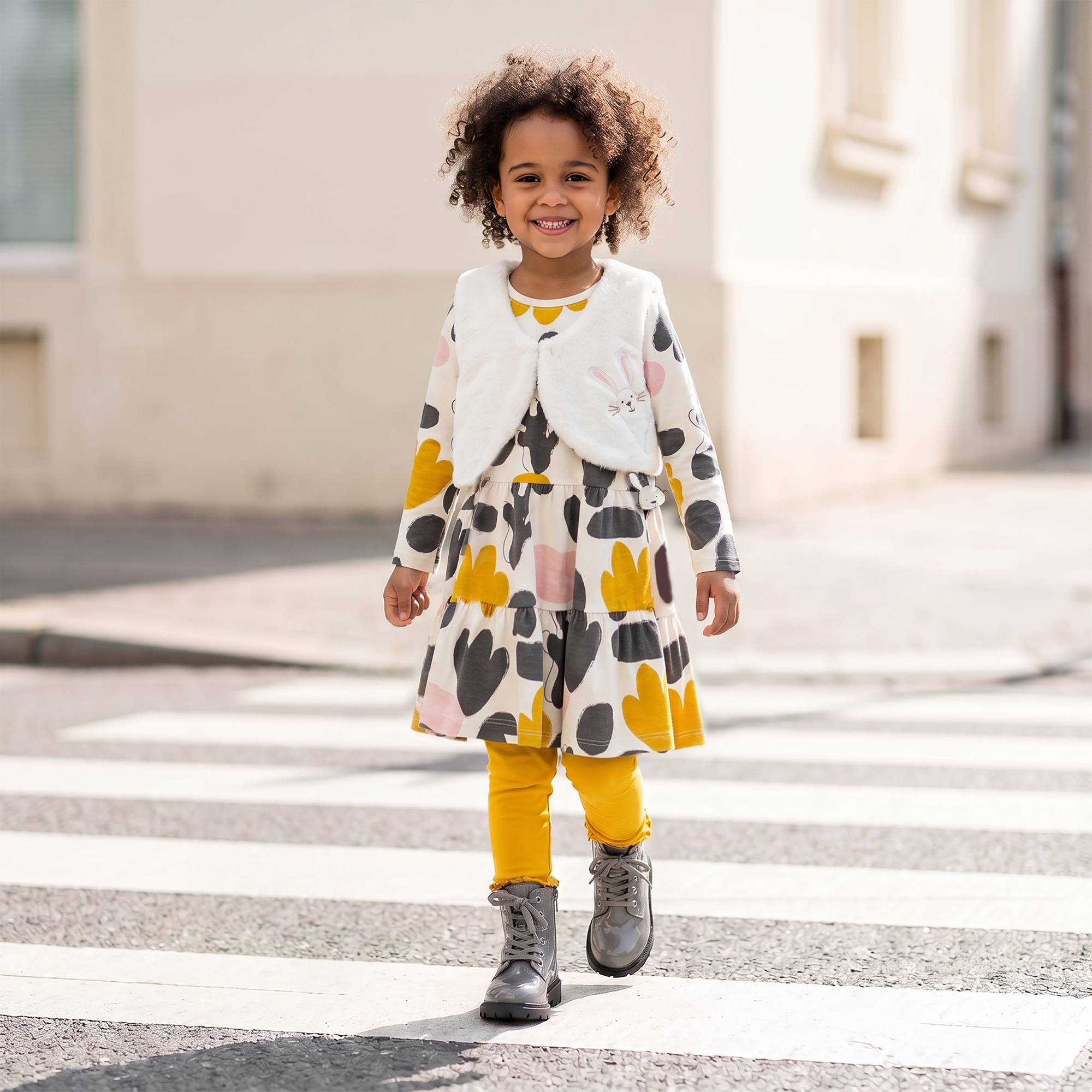 Tiered girls' long sleeve dress, Snow Bunny