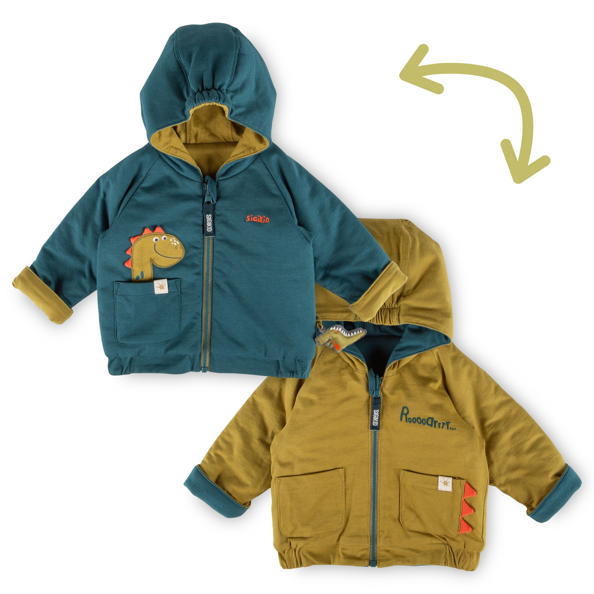 Reversible hooded baby jacket, interlined, Dino Fun