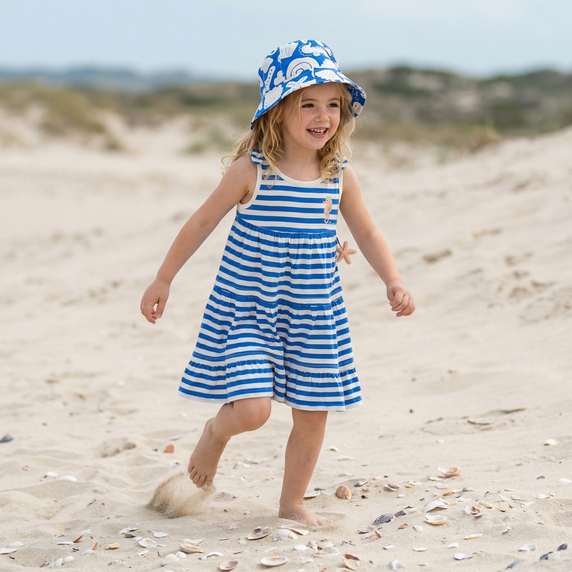 Kinder Sonnenhut Strand Print, blau mit weiß
