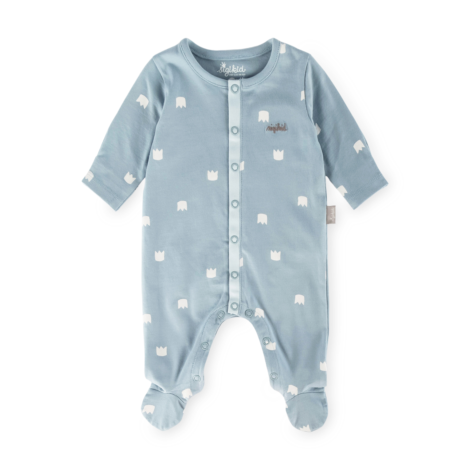 Newborn baby footed onesie romper blue, foldover mittens