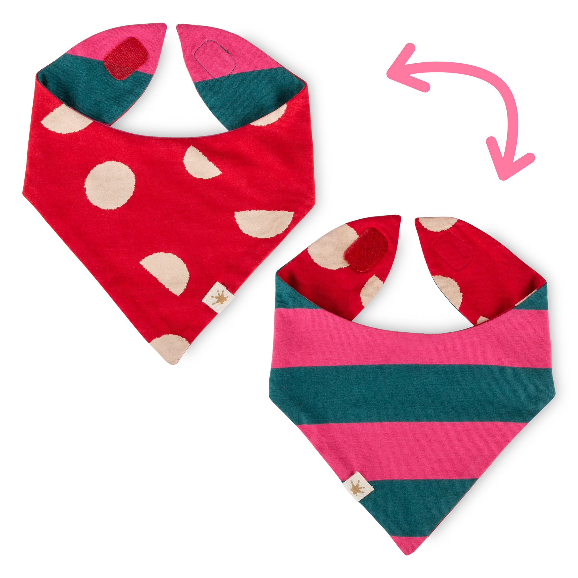 Reversible baby bandana bib rose red/green & red
