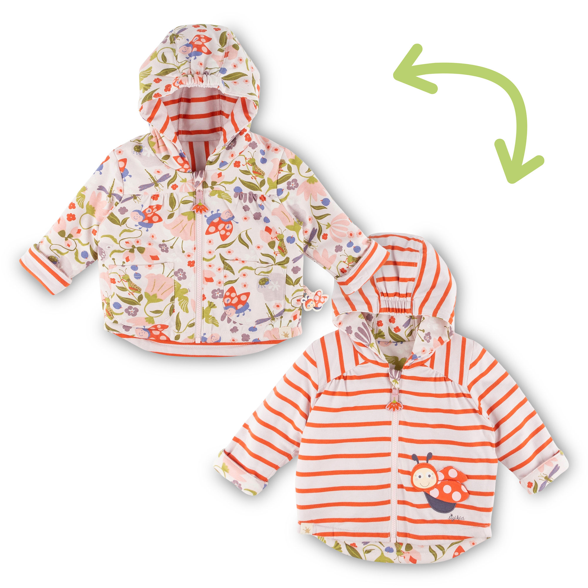 Reversible hooded baby jacket interlined, Happy Ladybug