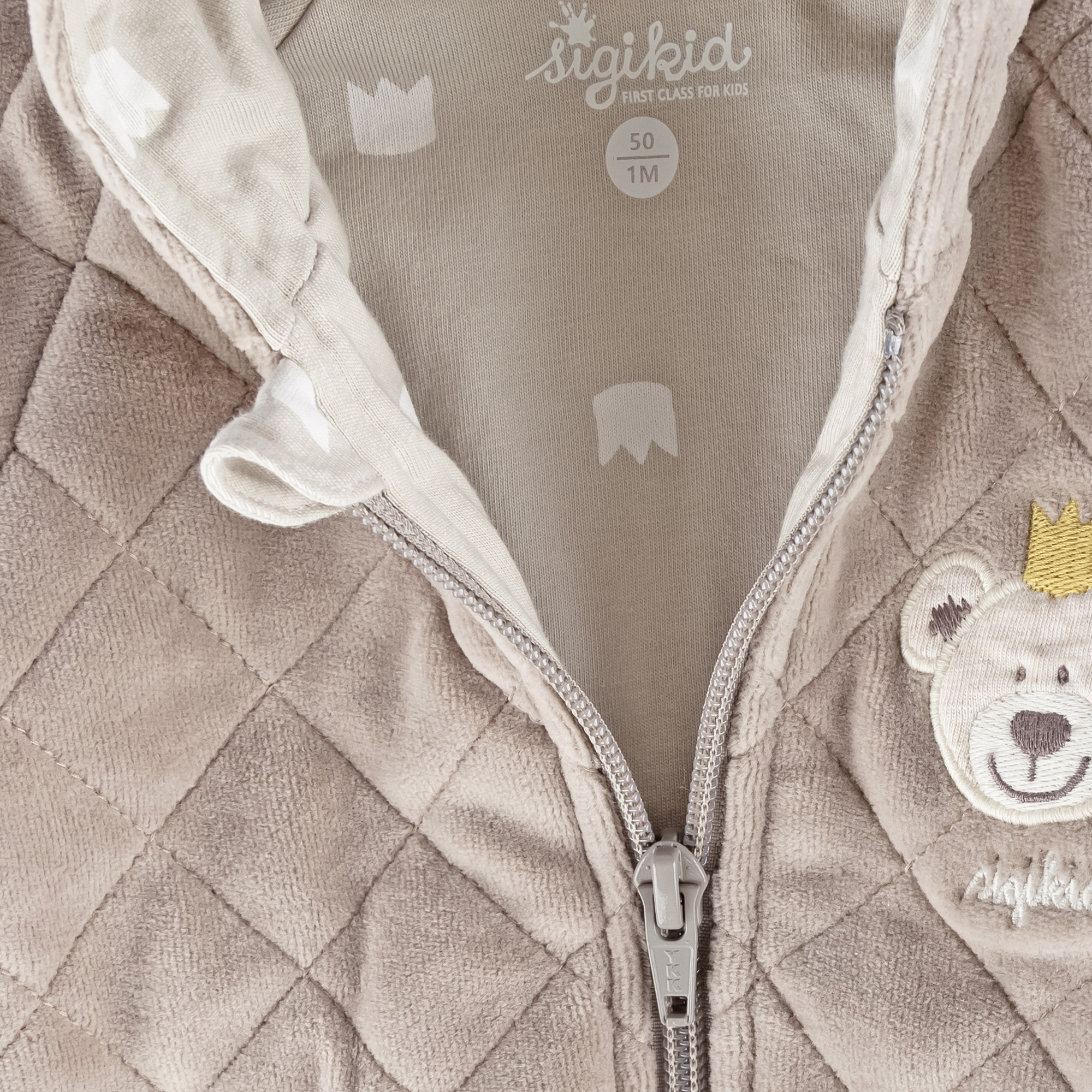 Newborn baby hooded velour jacket bear prince, quilted, beige