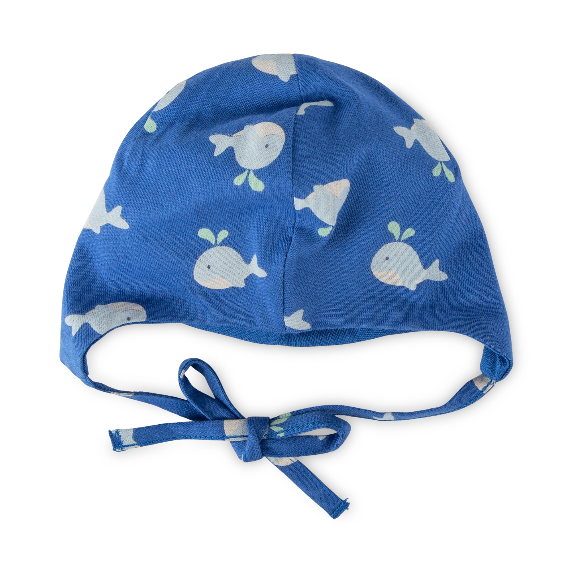 Newborn baby hat with ties, whale print, lined