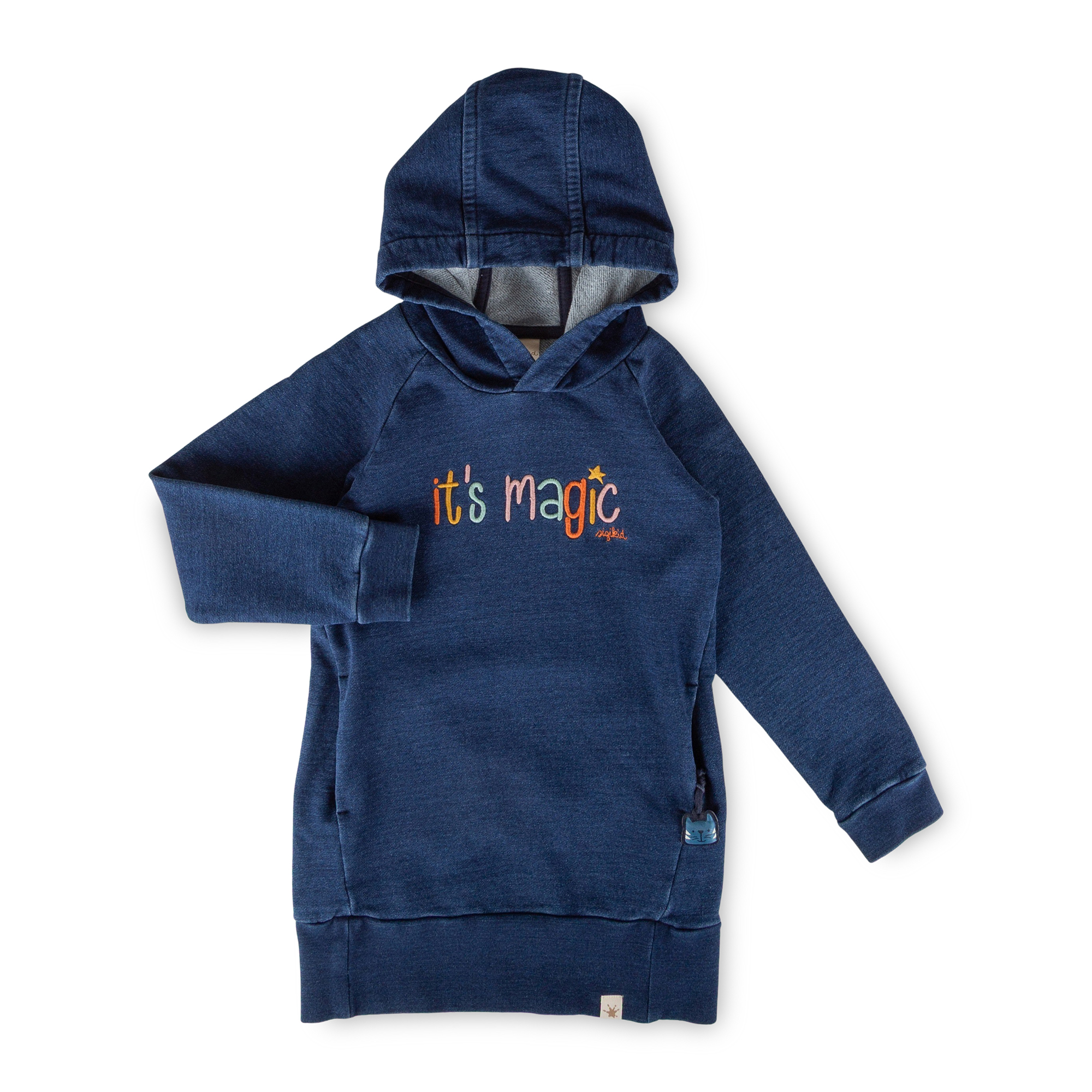 Kinder Kapuzen Sweatkleid Denim Optik bunt bestickt, dunkelblau