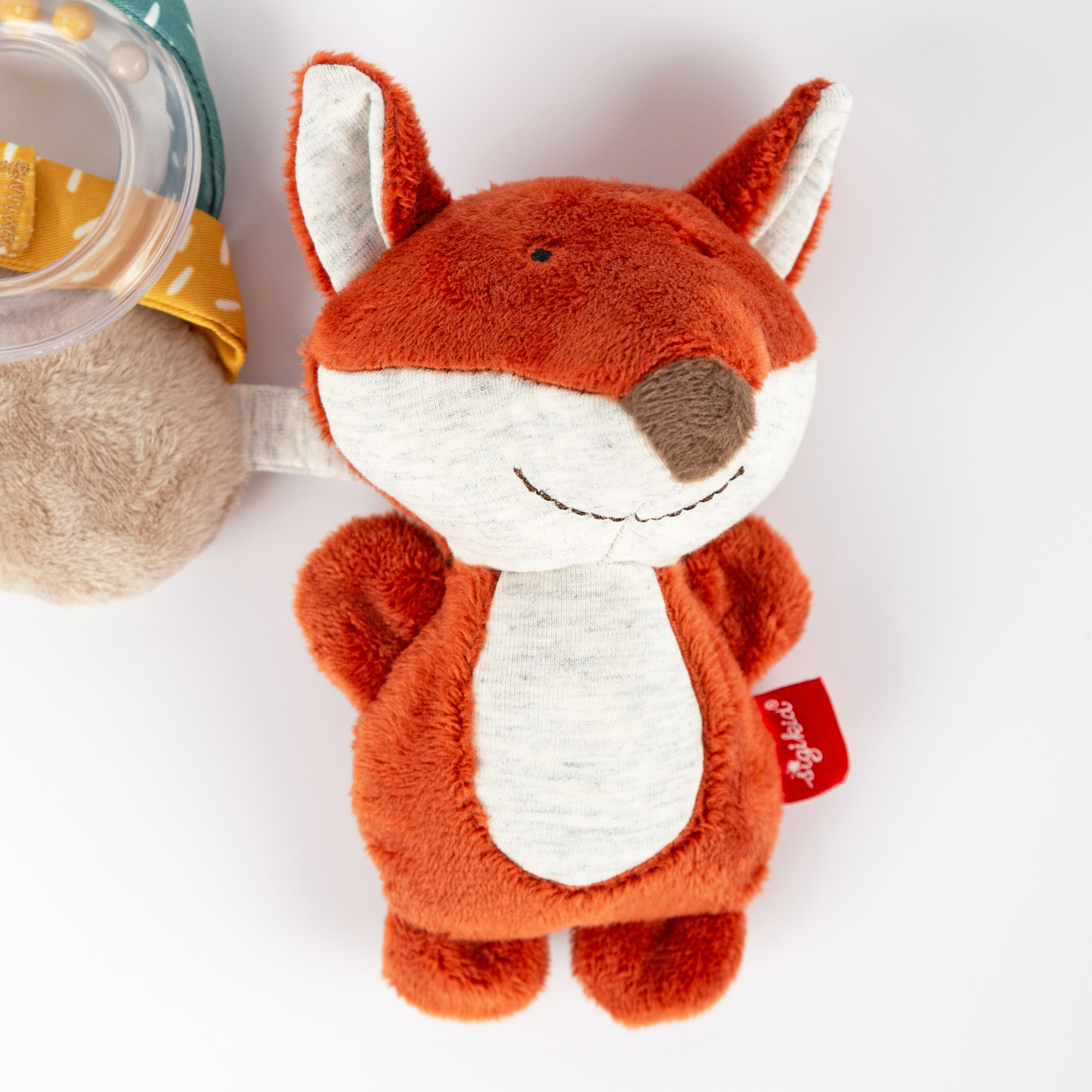 Hanging rattle squeaker teether soft toy fox
