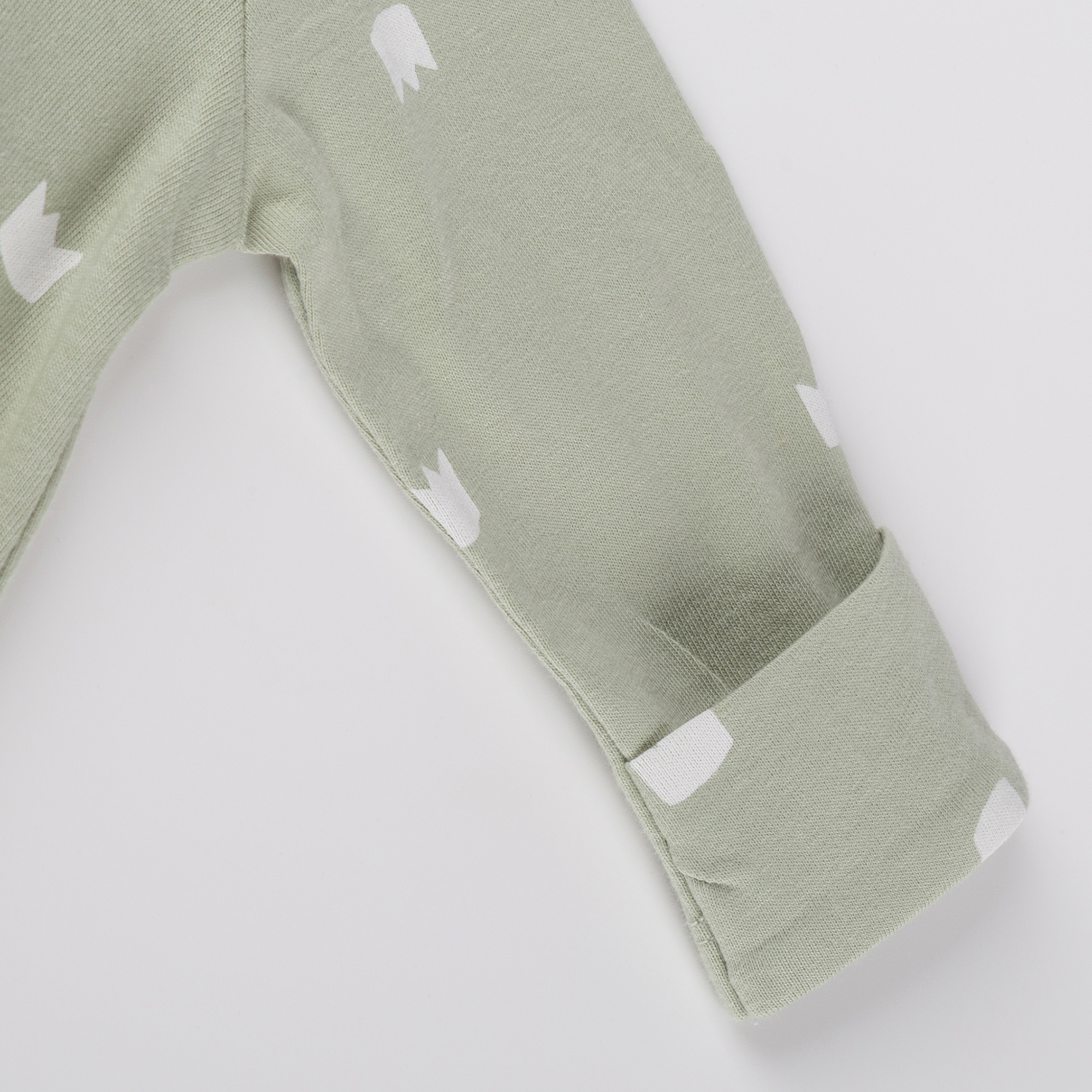 Newborn baby footed romper, foldover mittens, green