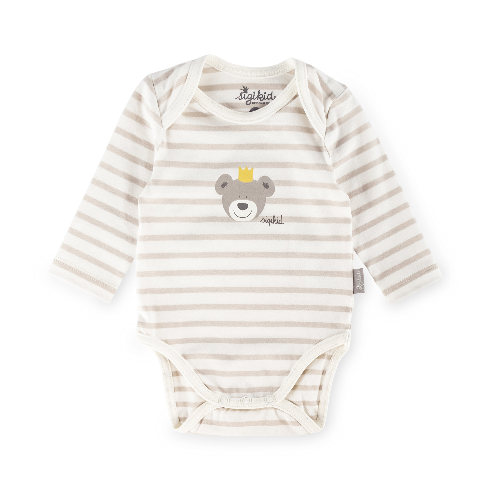 Langarm Babybody Krönchen Bär geringelt, beige-weiß Langarm Babybody Krönchen Bär geringelt, beige-weiß