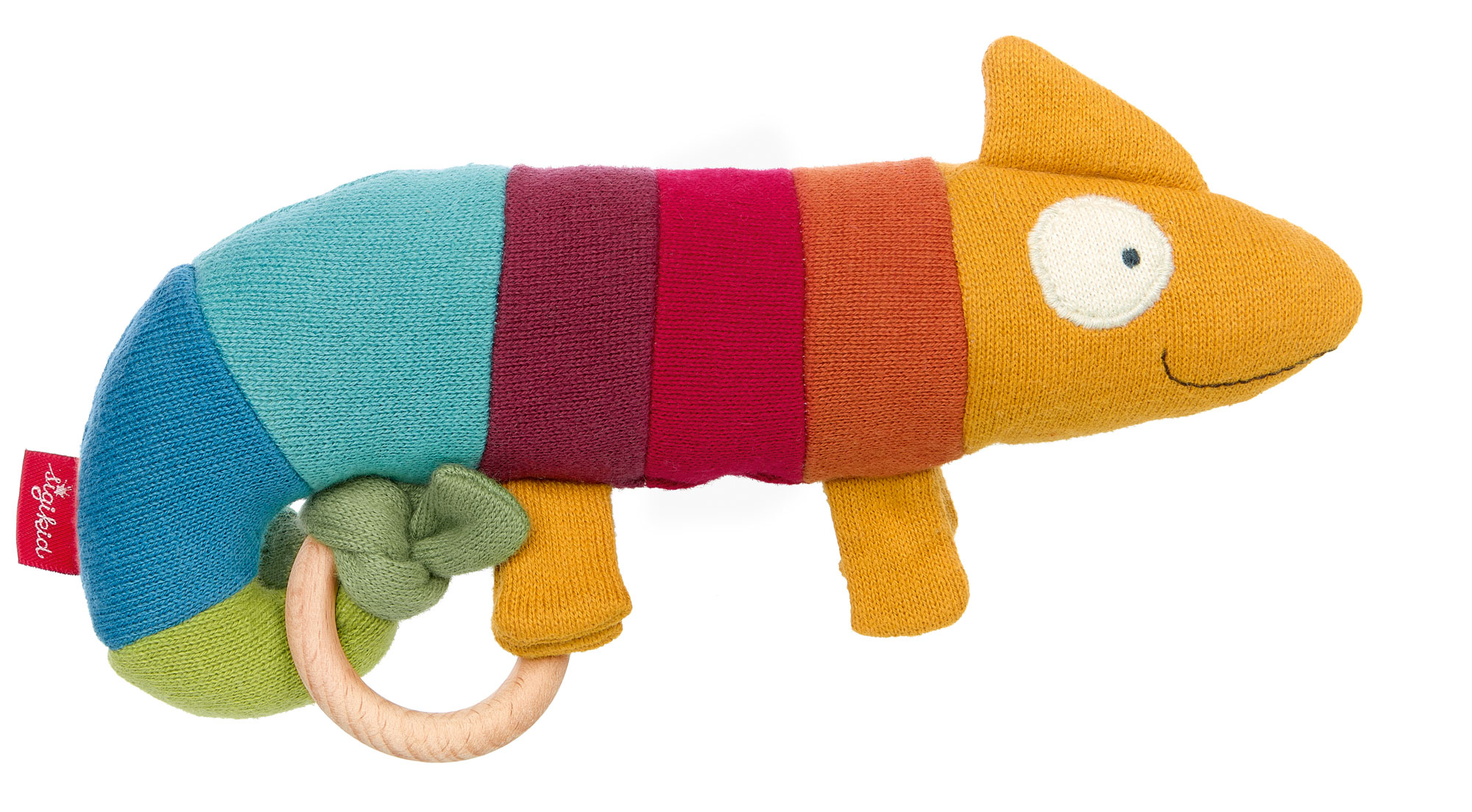 Knitted grasp toy chameleon with rattle and wooden teether