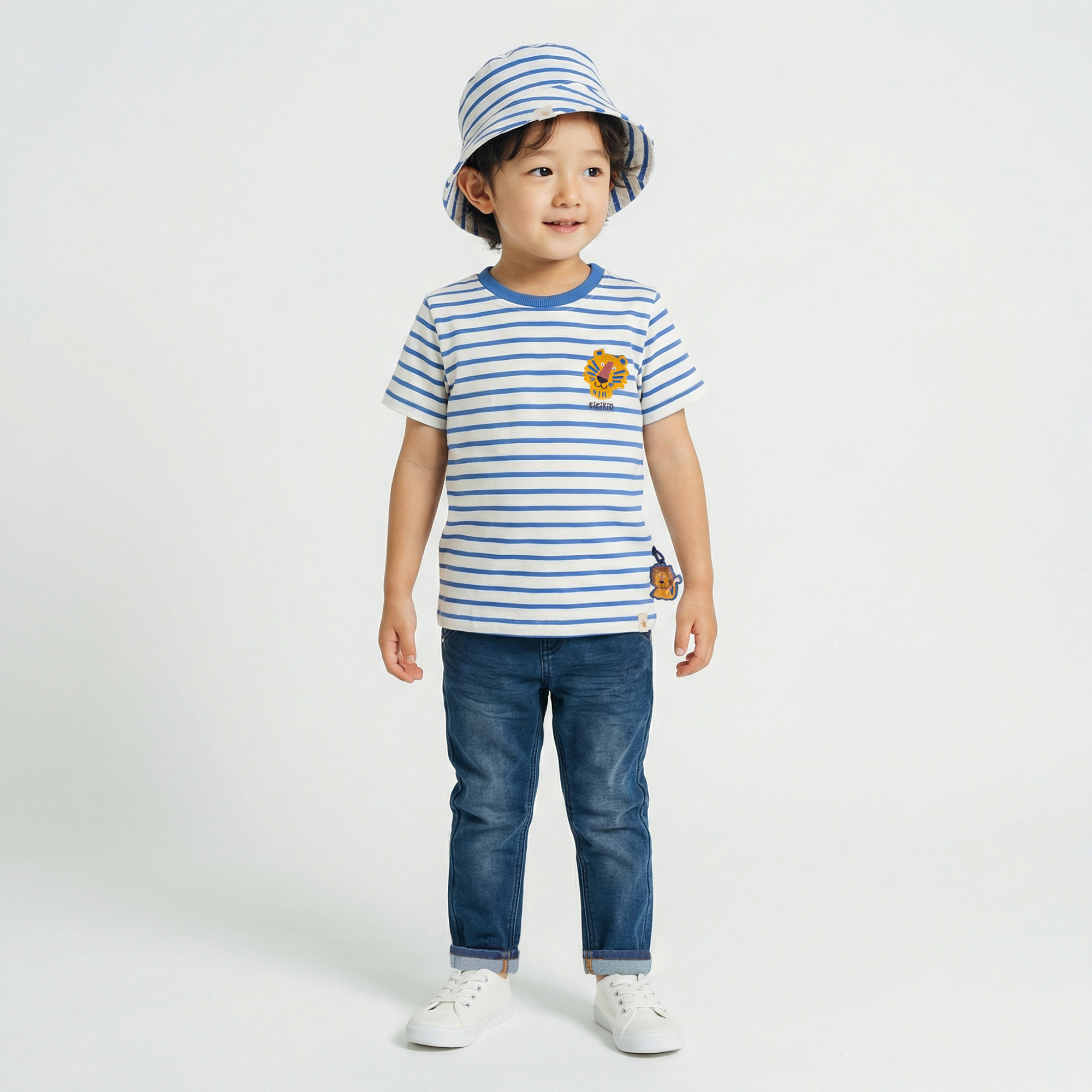 Kinder Ringel T-Shirt Tiger & Löwe, blau/weiß